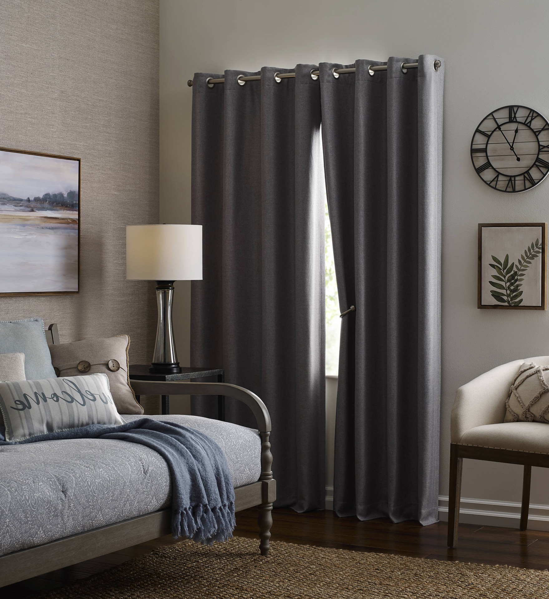slide 1 of 6, allen + roth 84-in Grey Geometric Blackout Thermal lined Grommet Single curtain panel, 1 ct