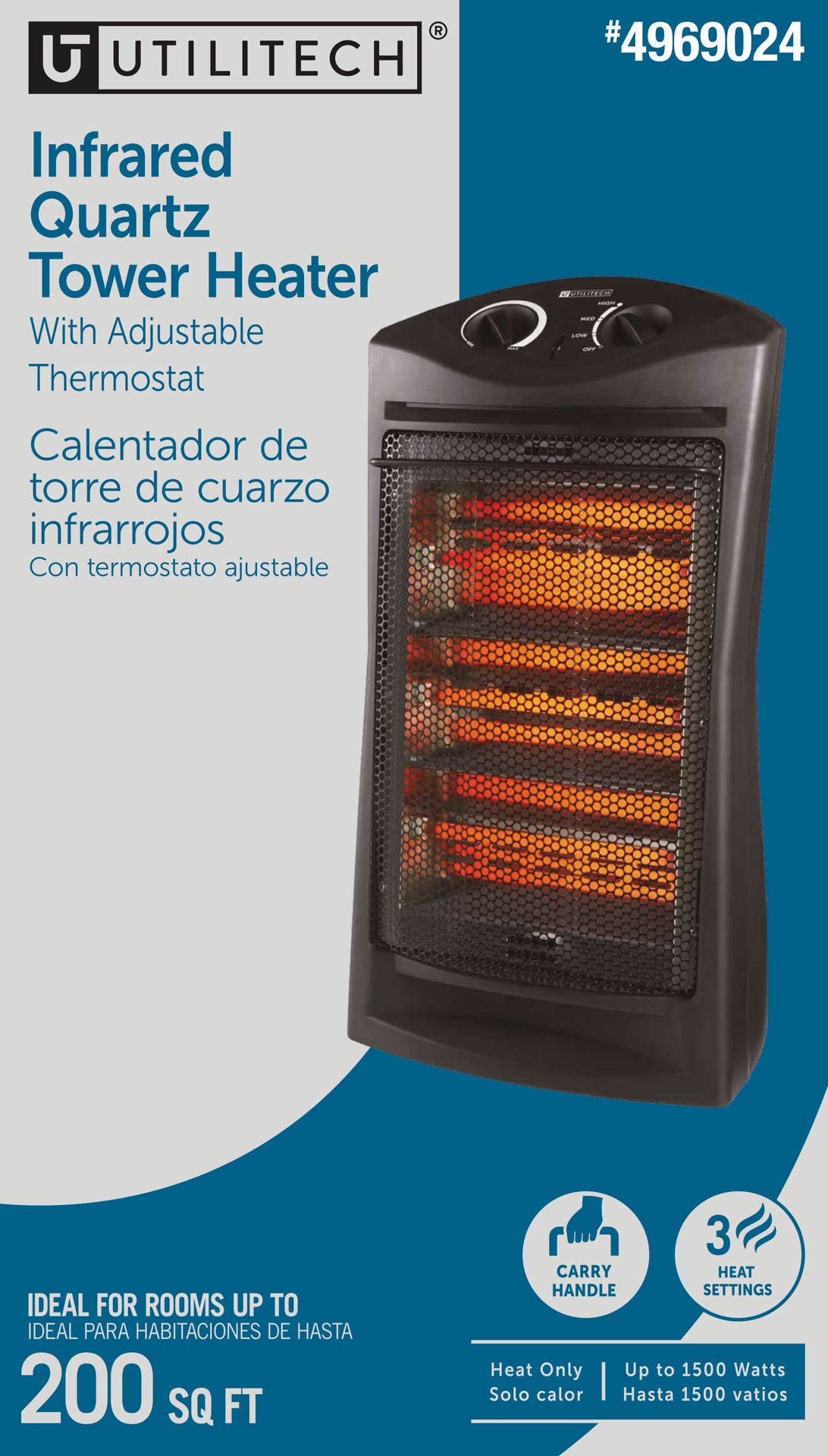 slide 3 of 6, Utilitech 1500 -Watt Infrared quartz Tower Indoor Electric Space Heater with Thermostat, 1 ct