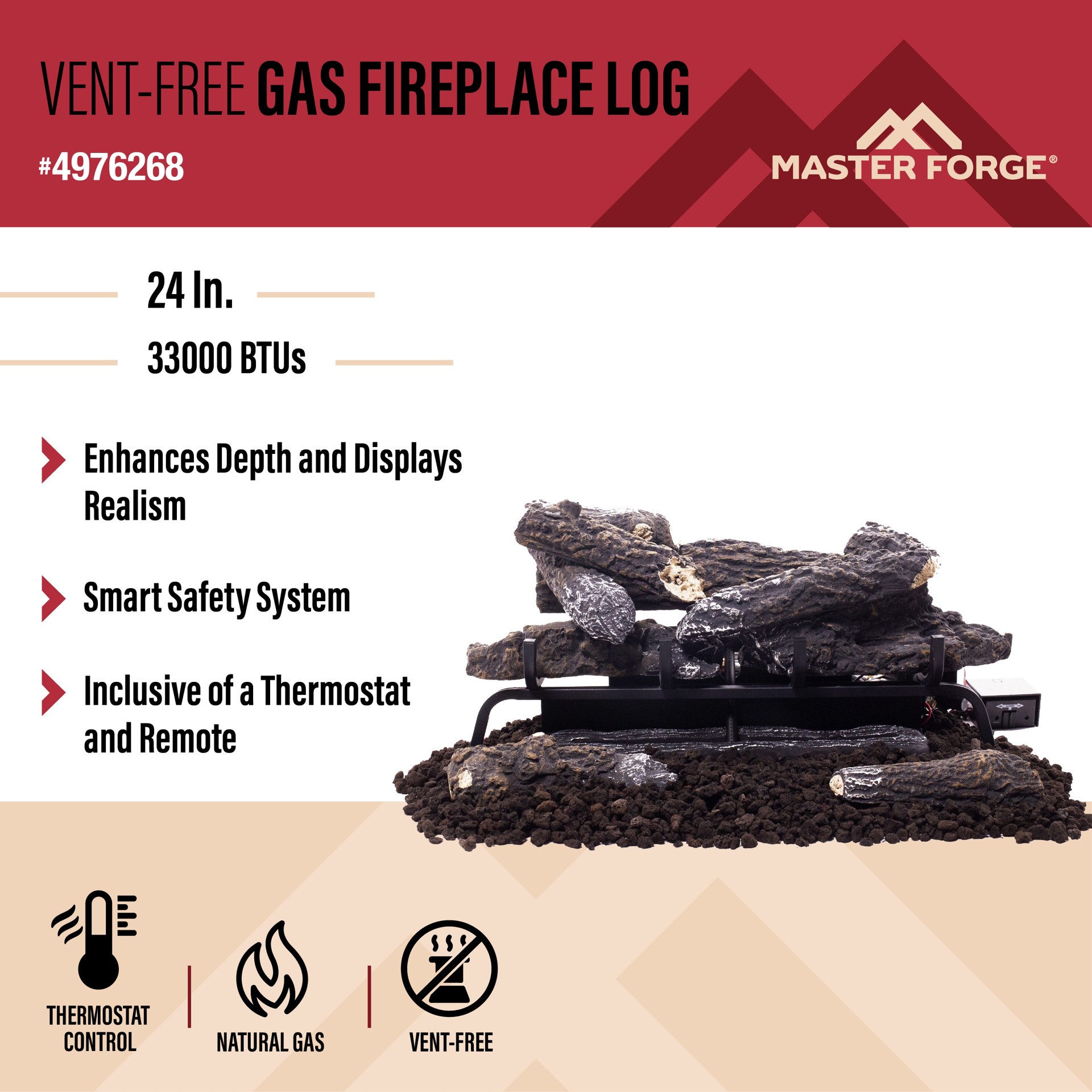 slide 2 of 6, Master Forge 24-in 33000 -BTU Dual Fuel Dual -Burner Vent-free Gas Fireplace Logs with Thermostat and Remote, 1 ct