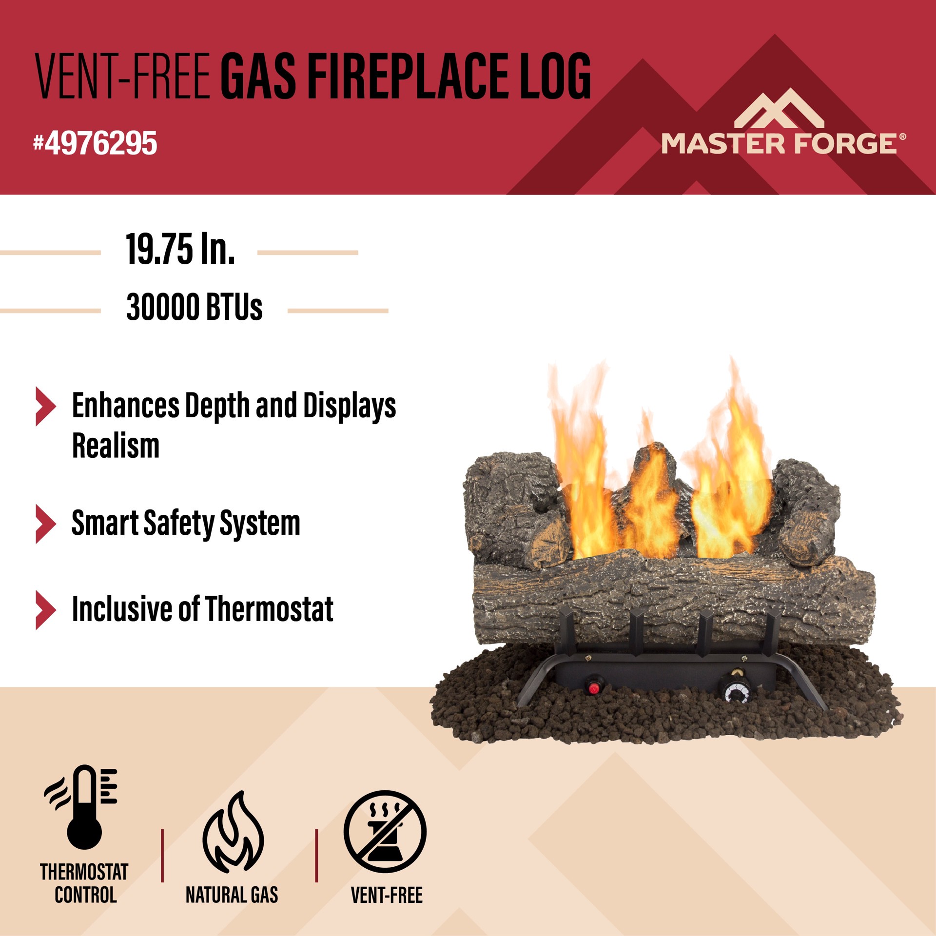 slide 2 of 6, Master Forge 19.75-in 30000 -BTU Dual Fuel Dual -Burner Vent-free Gas Fireplace Logs with Thermostat, 1 ct