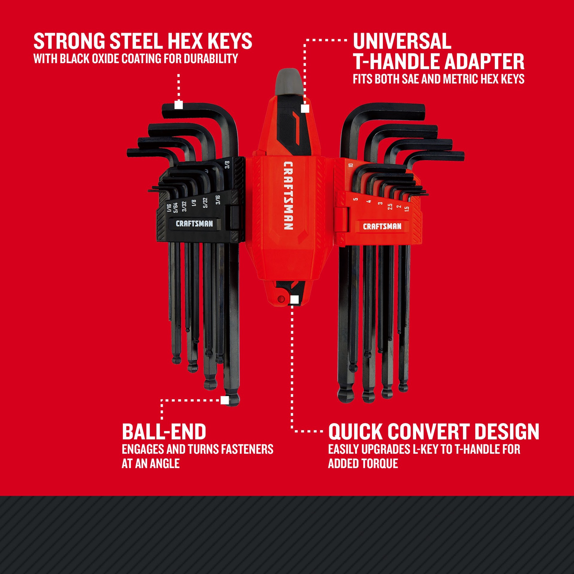 slide 2 of 6, CRAFTSMAN Assorted T-Handle Metric and standard (SAE) 20 -Pieces Ball End Hex key set, 1 ct