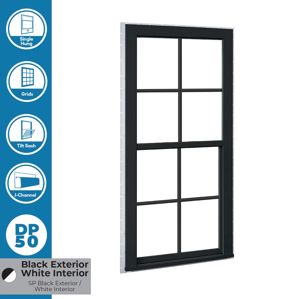 slide 4 of 6, RELIABILT 150 Series Black Exterior Vinyl New Construction Single Hung Window Low-E Double Pane Glass with Grids, (Half Screen Included), 1 ct