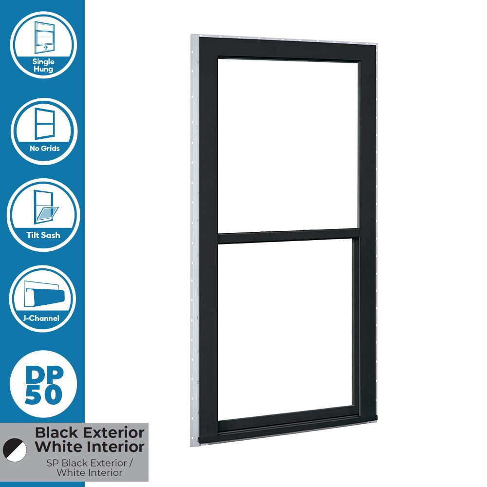 slide 4 of 6, RELIABILT 150 Series Black Exterior Vinyl New Construction Single Hung Window Low-E Double Pane Glass with Grids, (Half Screen Included), 1 ct