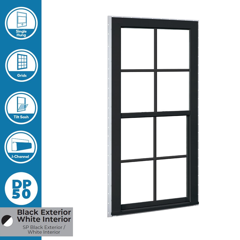 slide 4 of 6, RELIABILT 150 Series Black Exterior Vinyl New Construction Single Hung Window Low-E Double Pane Glass with Grids, (Half Screen Included), 1 ct