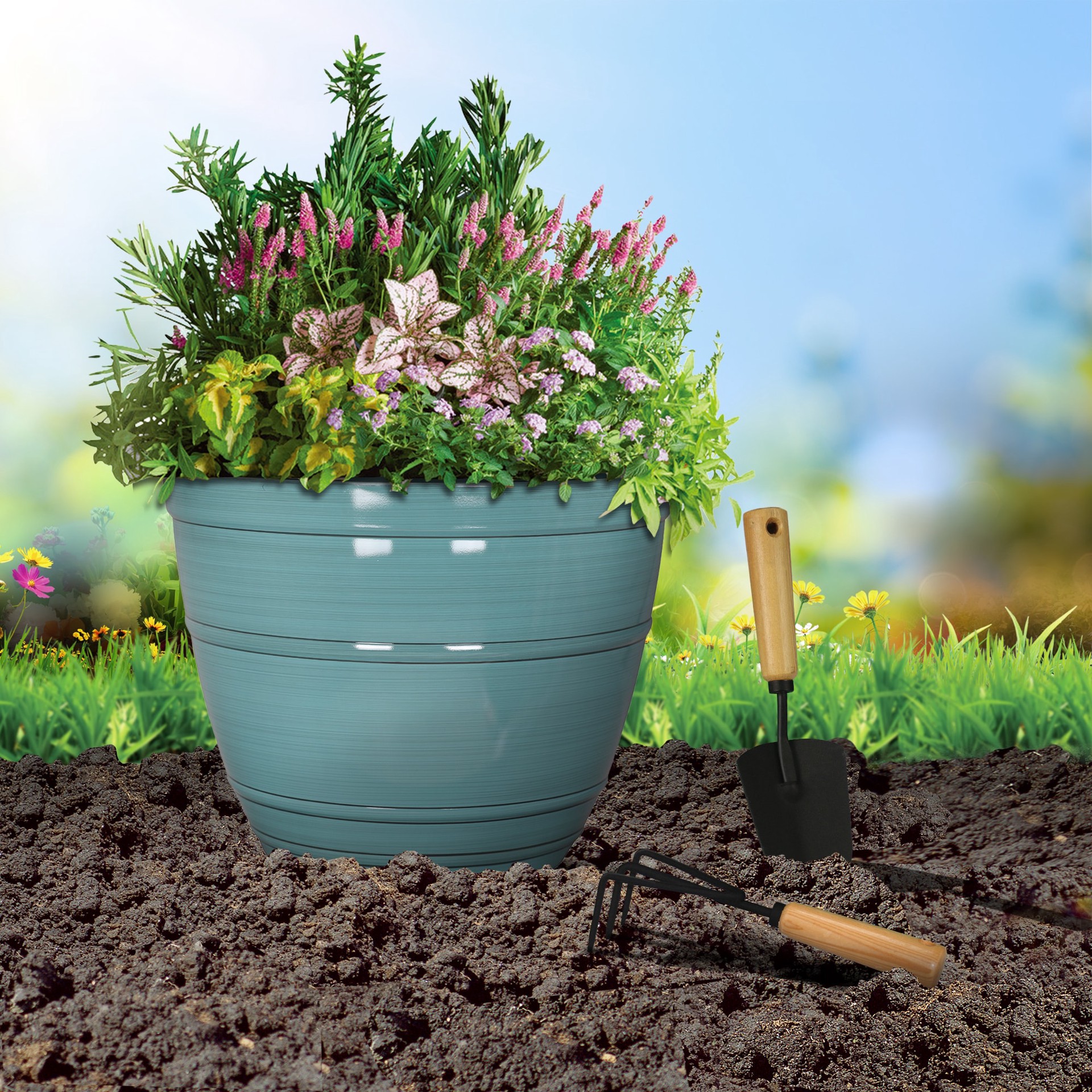 slide 5 of 6, Style Selections 20.67-in W x 16.77-in H Blue Resin Contemporary/Modern Indoor/Outdoor Planter, 1 ct