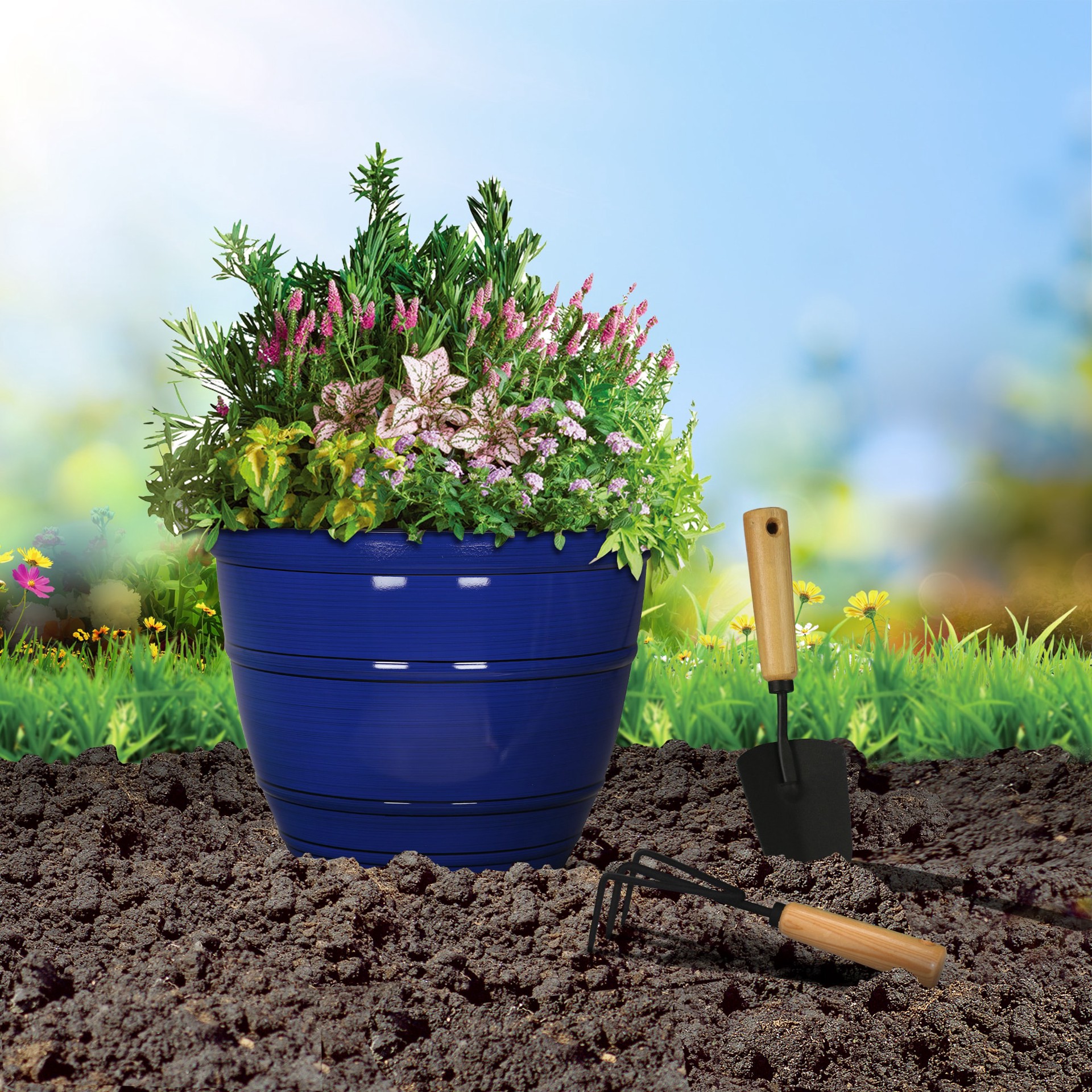 slide 2 of 5, Style Selections 16.85-in W x 16.85-in L Blue Resin Indoor/Outdoor Planter, 1 ct