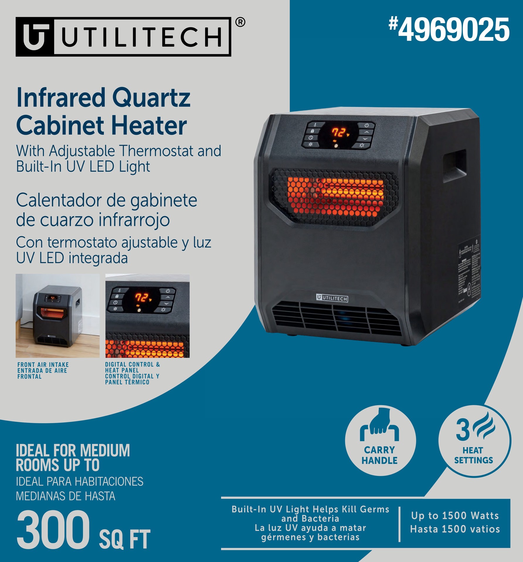 slide 3 of 6, Utilitech 1500 -Watt Infrared quartz Cabinet Indoor Electric Space Heater with Thermostat with Remote, 1 ct