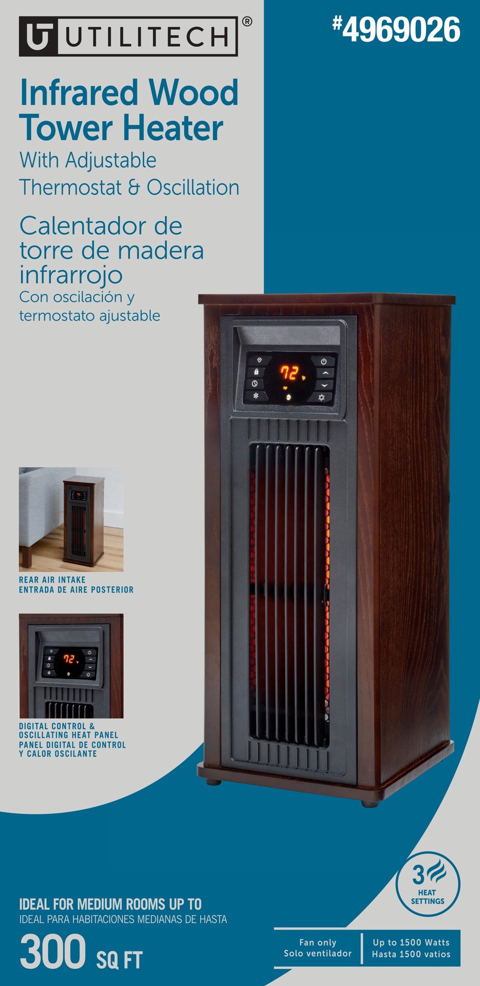 slide 3 of 6, Utilitech 1500 -Watt Infrared Tower Indoor Electric Space Heater with Thermostat with Remote, 1 ct