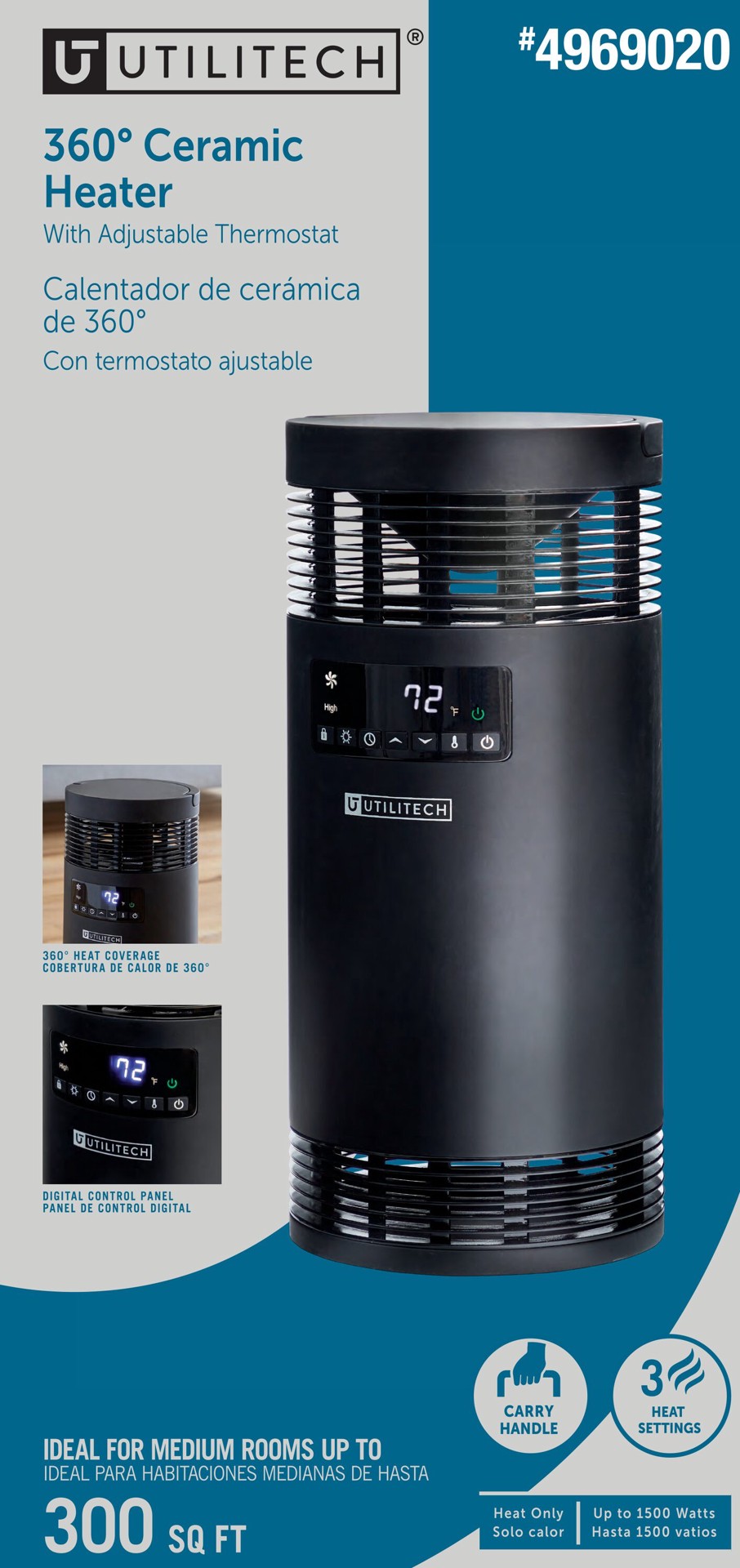 slide 3 of 6, Utilitech 1500 -Watt Ceramic Tower Indoor Electric Space Heater with Thermostat with Remote, 1 ct