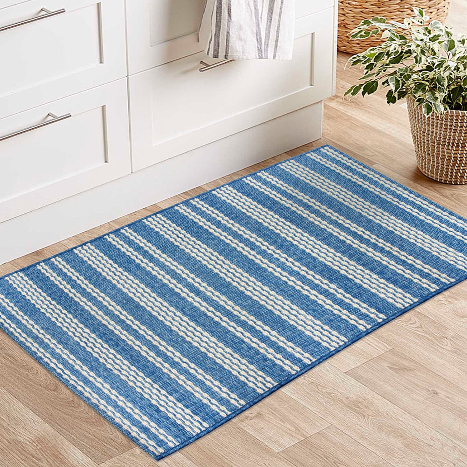 slide 1 of 6, allen + roth Coastal Blue 2 x 4 (ft) Loomed Blue Rectangular Indoor Stripe Machine washable Throw rug 3, 1 ct