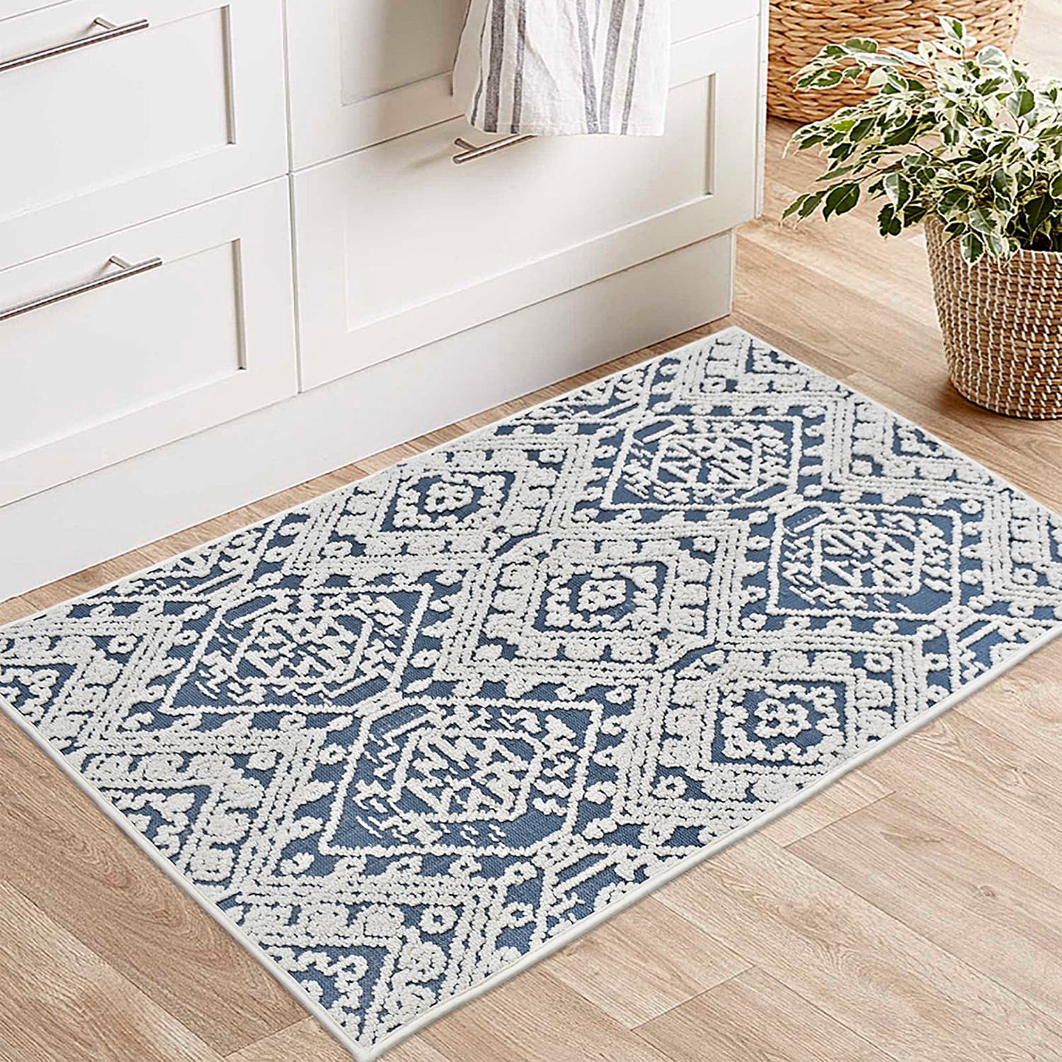 slide 1 of 6, allen + roth 2 x 4 (ft) Loomed Denim Ivory Rectangular Indoor Geometric Machine washable Throw rug 3, 1 ct
