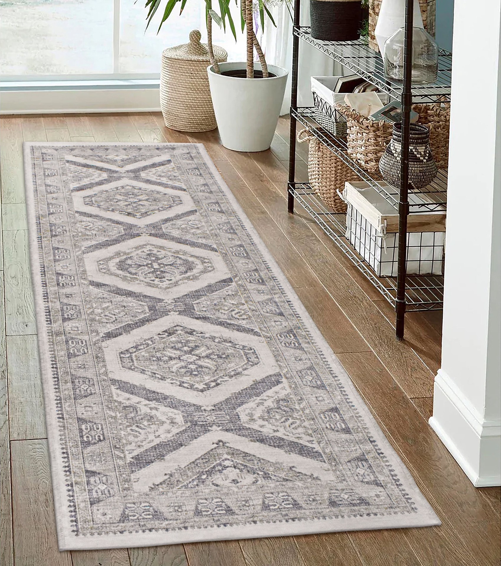 slide 1 of 6, allen + roth 2 x 7 (ft) Loomed Neutral Gray Rectangular Indoor Distressed/Overdyed Machine washable Runner rug, 1 ct