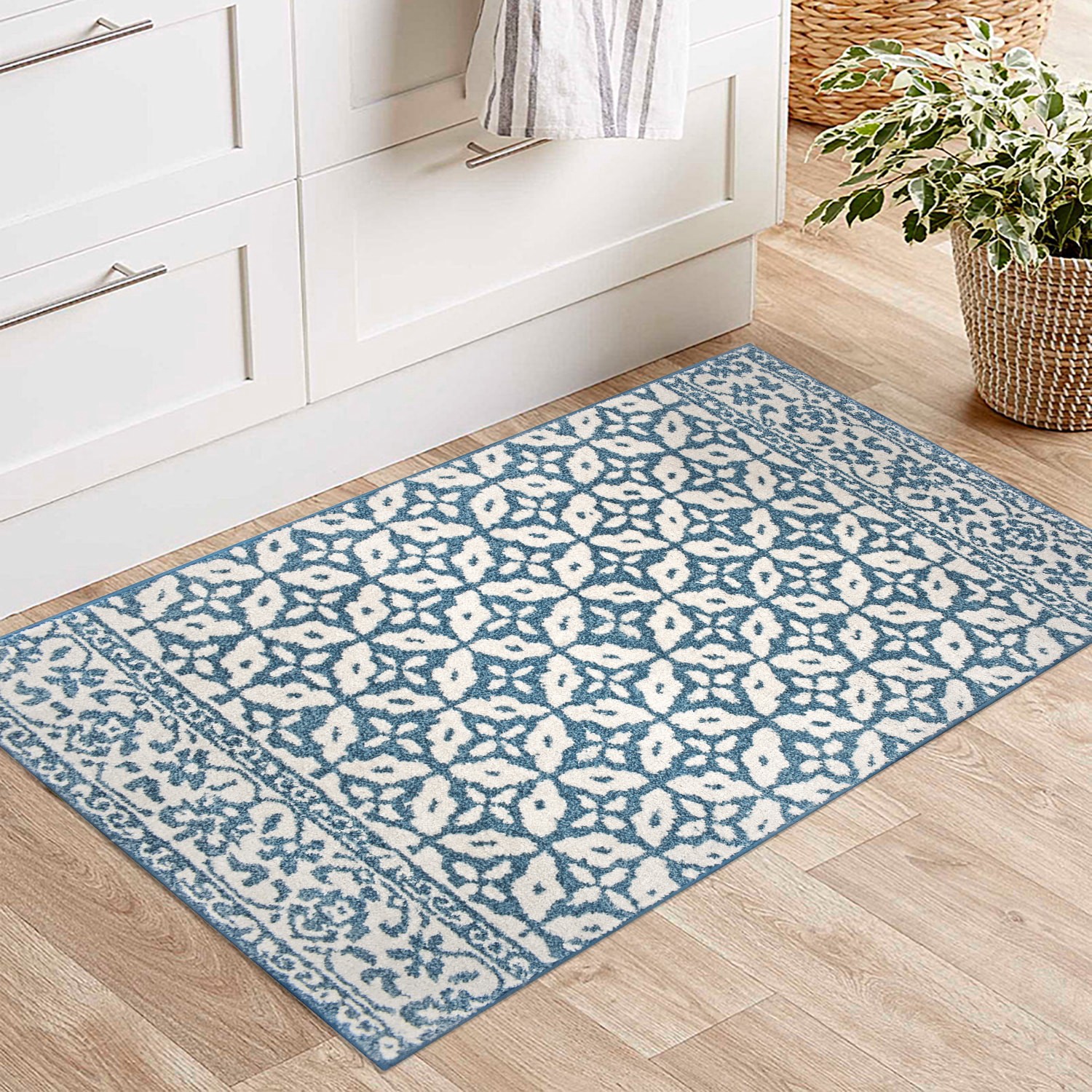 slide 1 of 6, allen + roth 2 x 4 (ft) Loomed Blue Rectangular Indoor Floral/Botanical Machine washable Throw rug 3, 1 ct