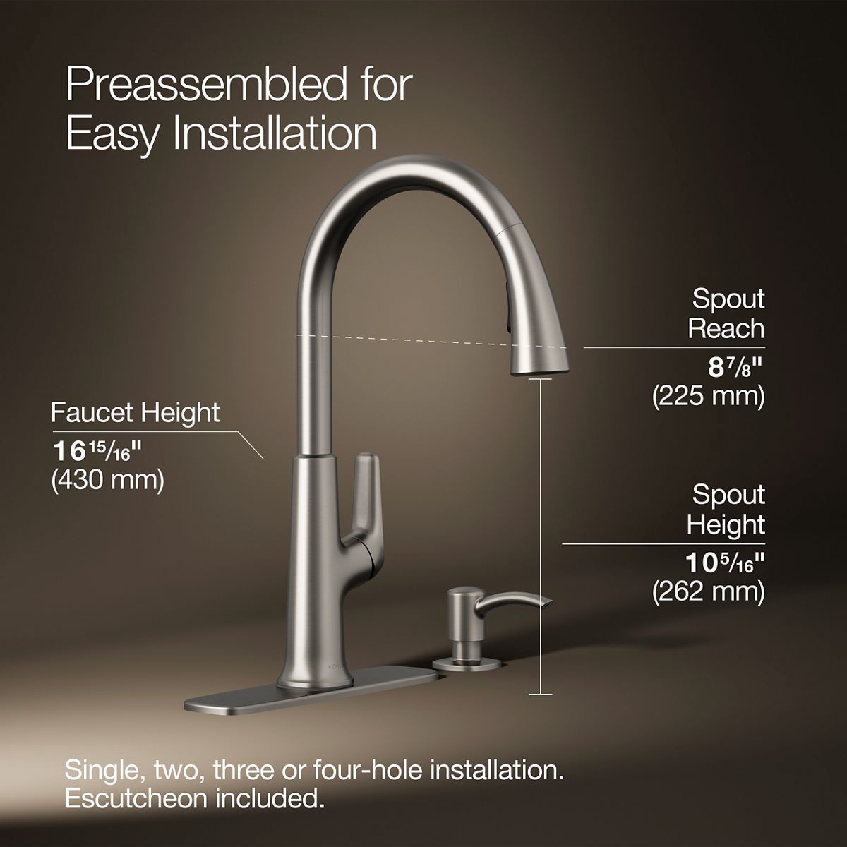 slide 3 of 6, KOHLER Volt Vibrant Stainless Single Handle Deck-mount Pull-down Kitchen Faucet with Sprayer (Includes Deck Plate) (Includes Soap Dispenser), 1 ct