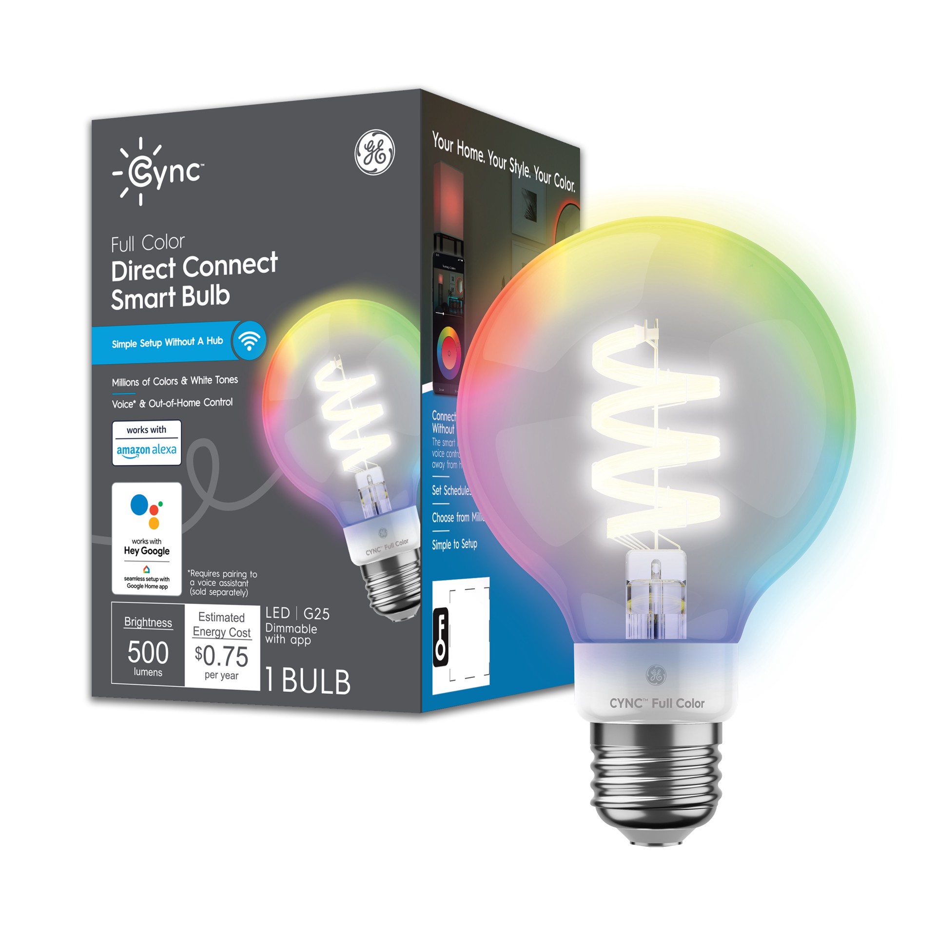 slide 1 of 6, GE Cync 60 -Watt EQ G25 Full spectrum Dimmable Smart LED Decorative Light Bulb, 1 ct