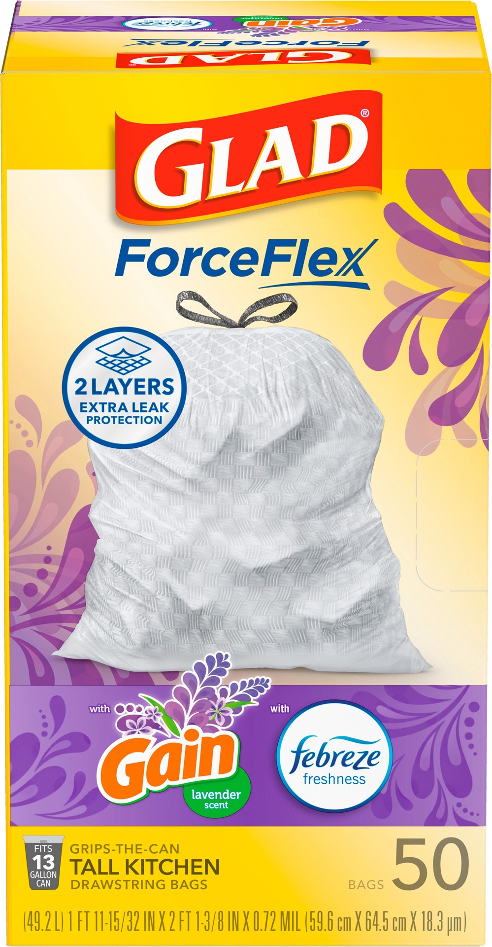 slide 3 of 6, Glad ForceFlex 13-Gallon Gain lavender White Indoor Plastic Kitchen Drawstring Trash Bag 50 -Count, 1 ct