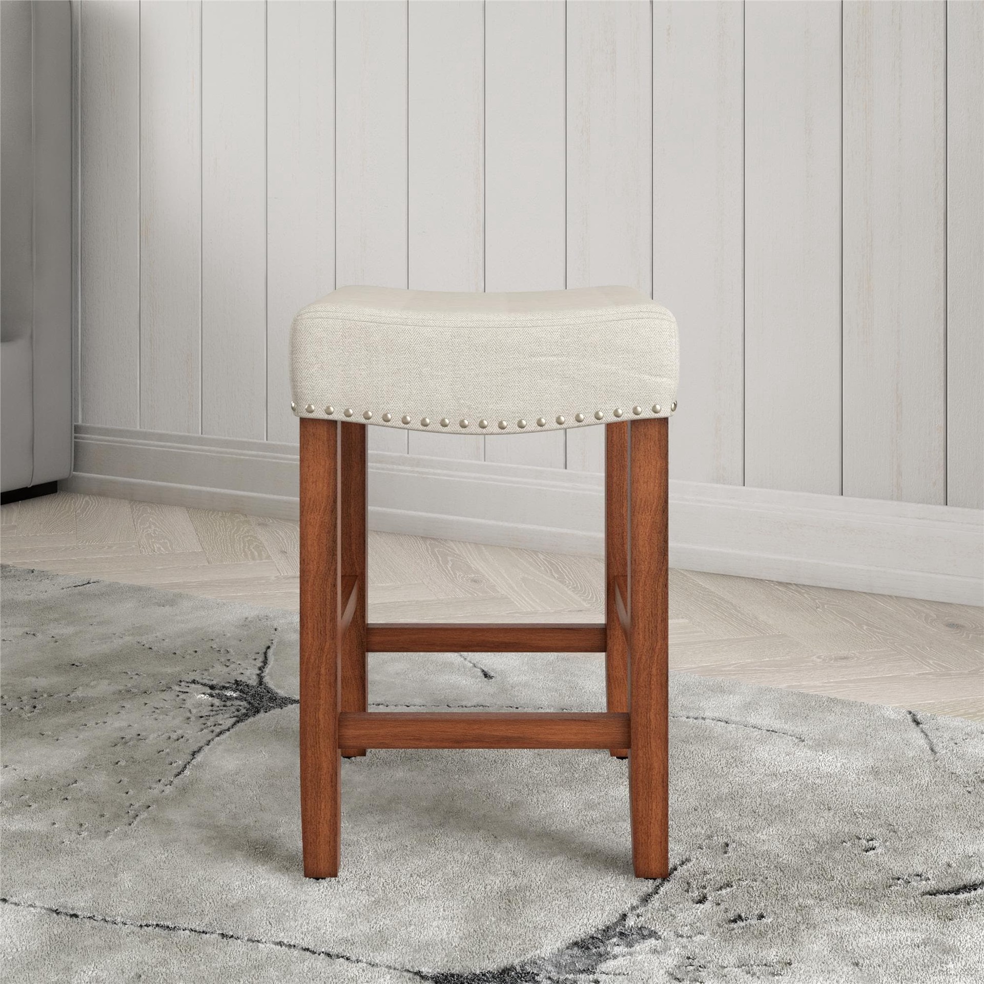 slide 2 of 6, allen + roth Beige 24.0-in H Counter height Upholstered Wood Bar Stool, 1 ct