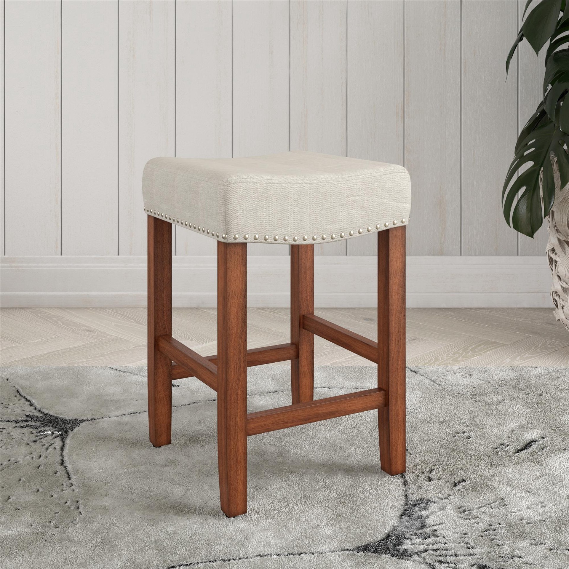 slide 1 of 6, allen + roth Beige 24.0-in H Counter height Upholstered Wood Bar Stool, 1 ct