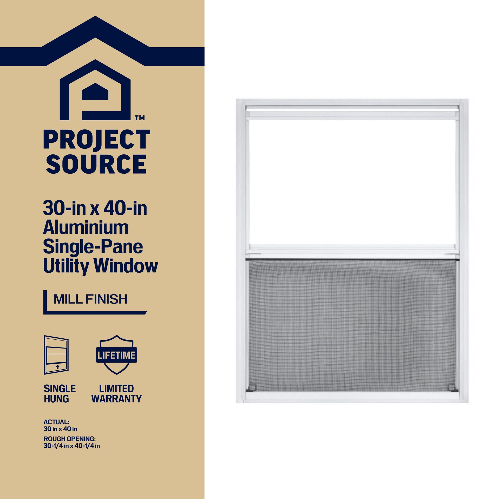 slide 2 of 6, Project Source 40000 Series 30-in x 40-in Silver Exterior Aluminum Replacement Single Hung Window Low-E Single Pane Glass (Half Screen Included), 1 ct