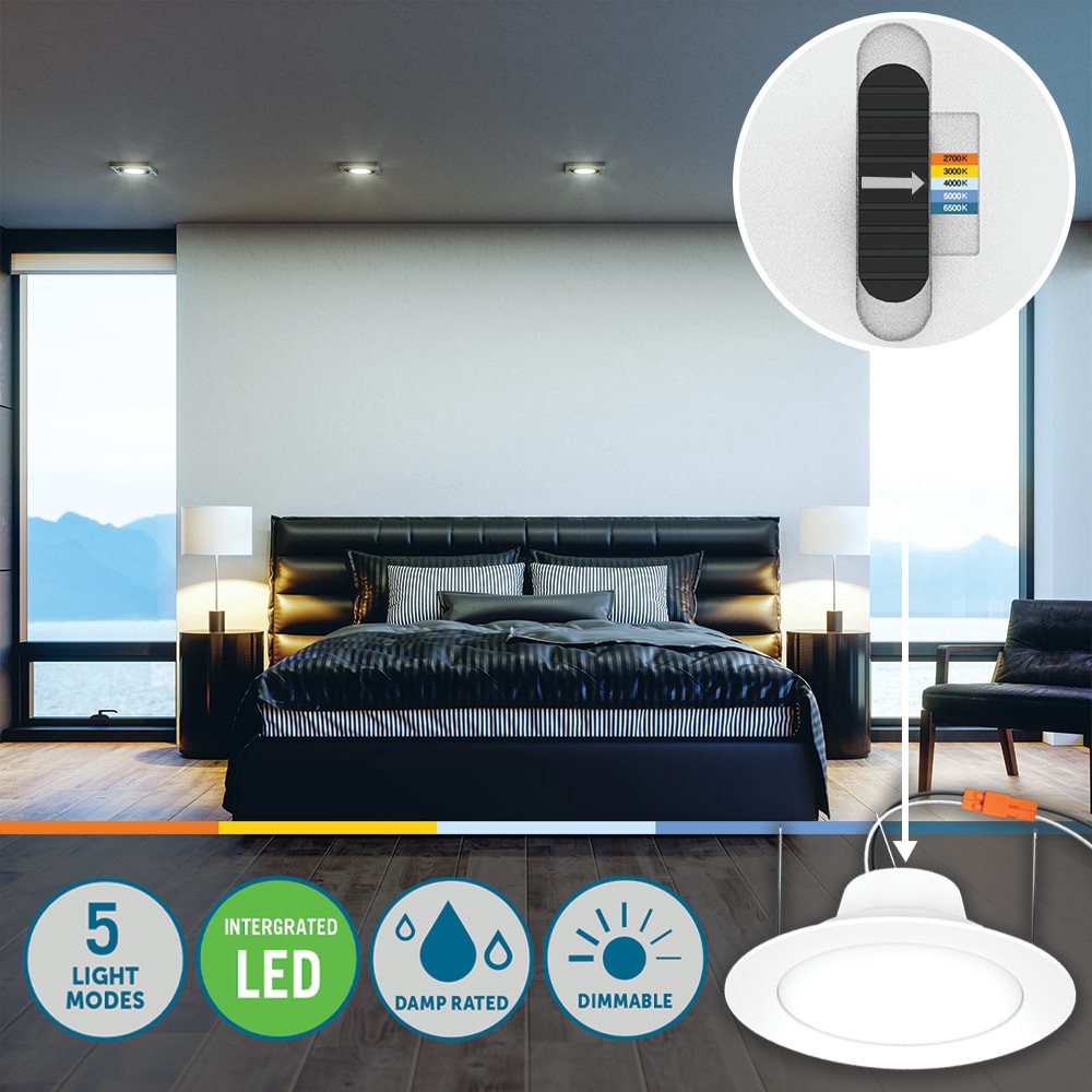 slide 5 of 6, Utilitech White 4-in 600 -Lumens Switchable white Round Dimmable LED Wet rated Recessed Downlight 6 -Pack, 1 ct