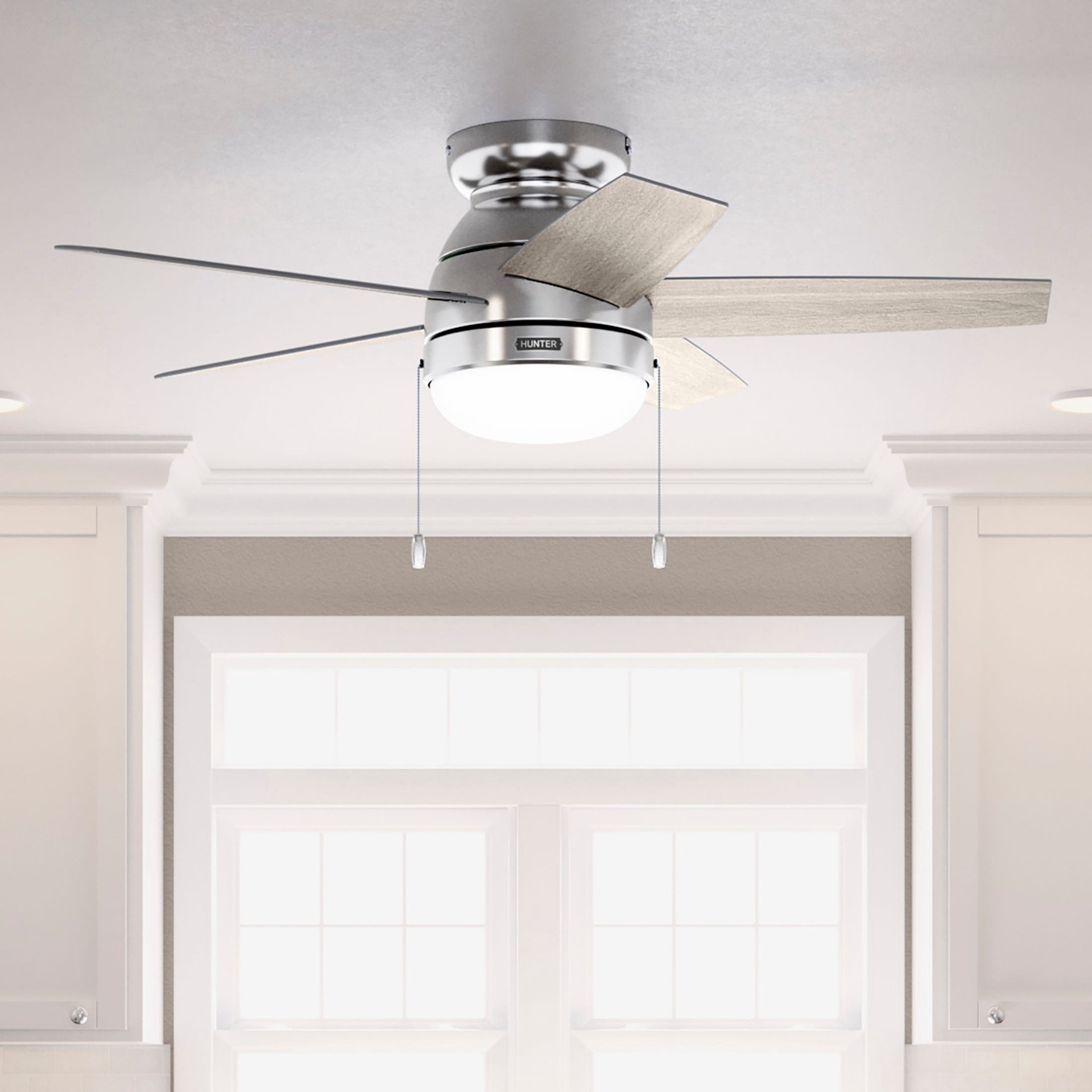 slide 1 of 6, Hunter Alexander 44-in Brushed Nickel with Light Gray Oak Blades Flush Mount Ceiling Fan With Light 5 -Blade, 1 ct