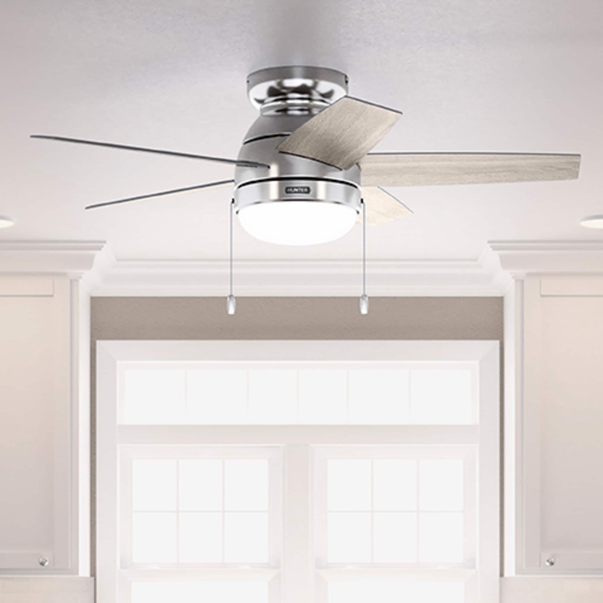 slide 4 of 6, Hunter Alexander 44-in Brushed Nickel with Light Gray Oak Blades Flush Mount Ceiling Fan With Light 5 -Blade, 1 ct