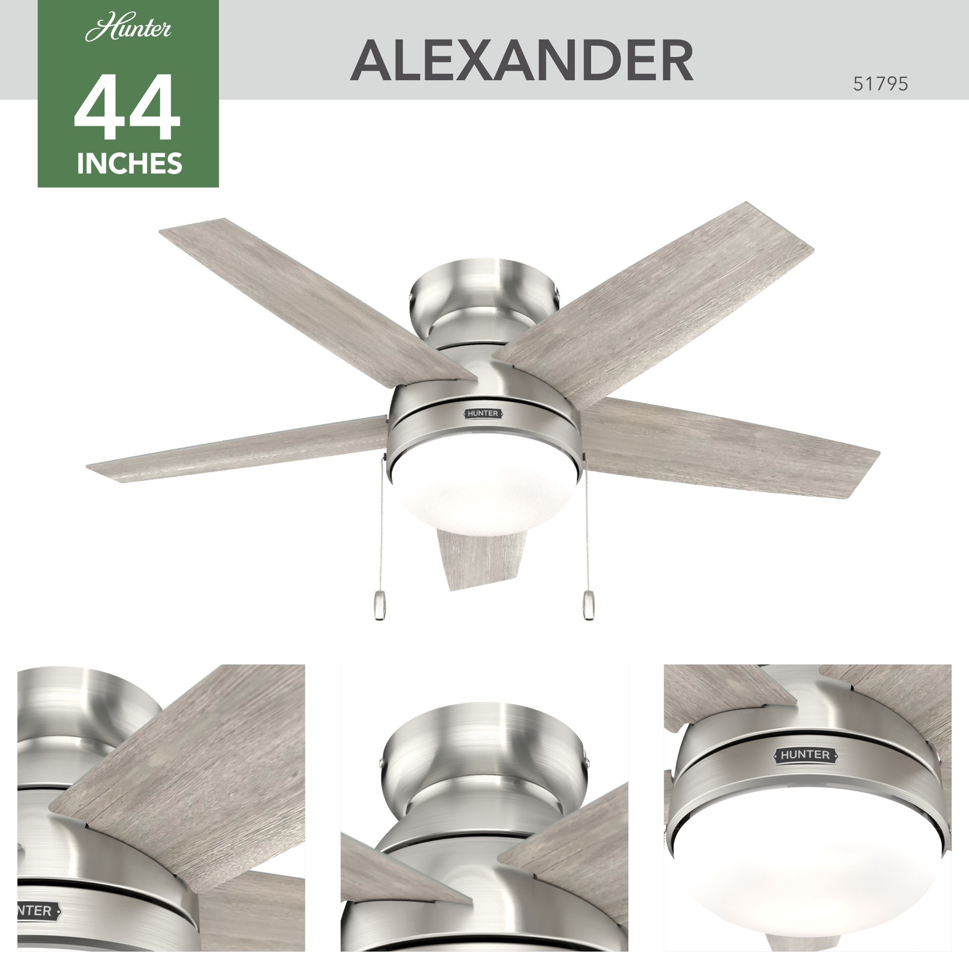 slide 6 of 6, Hunter Alexander 44-in Brushed Nickel with Light Gray Oak Blades Flush Mount Ceiling Fan With Light 5 -Blade, 1 ct