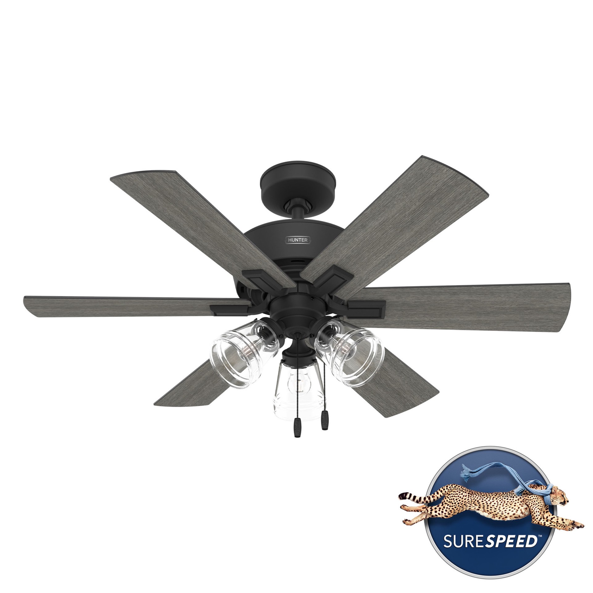slide 4 of 6, Hunter Pickens 44-in Matte Black with Dark Gray Oak/Matte Black Blades Ceiling Fan With Light 6 -Blade, 1 ct