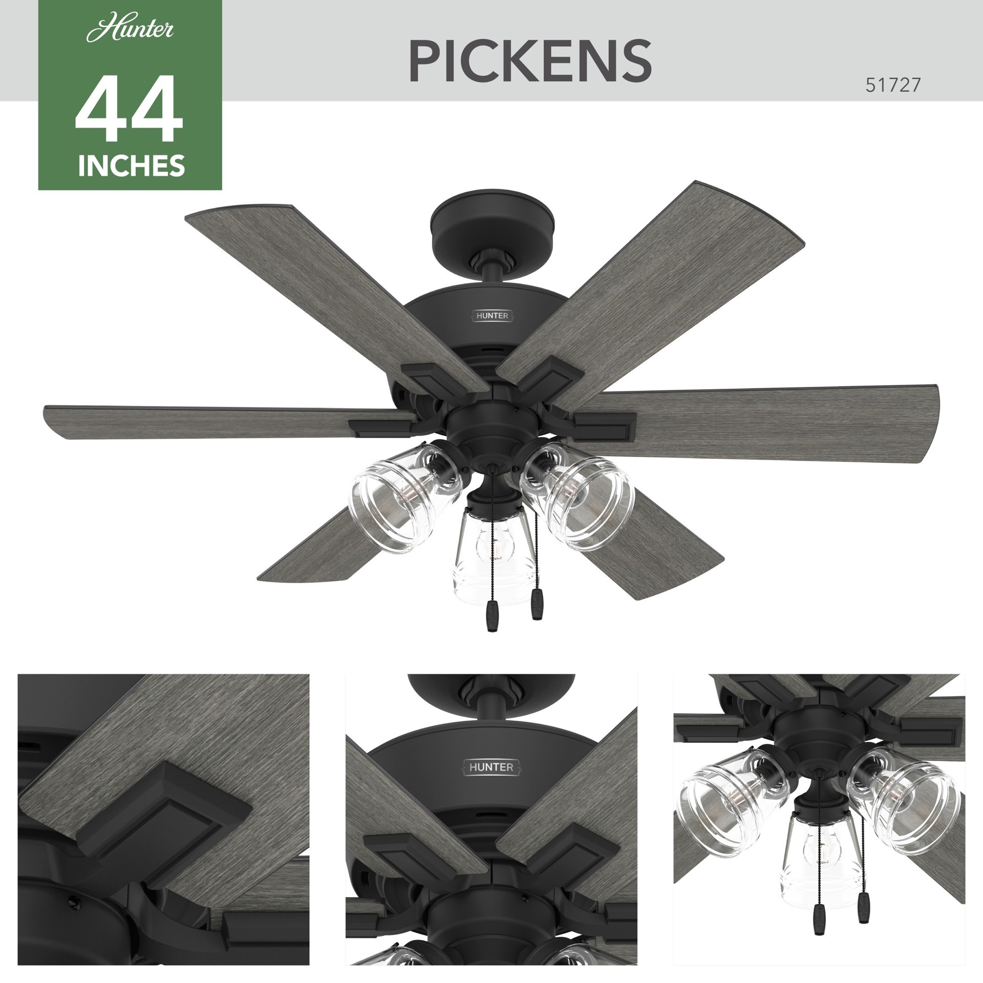 slide 6 of 6, Hunter Pickens 44-in Matte Black with Dark Gray Oak/Matte Black Blades Ceiling Fan With Light 6 -Blade, 1 ct