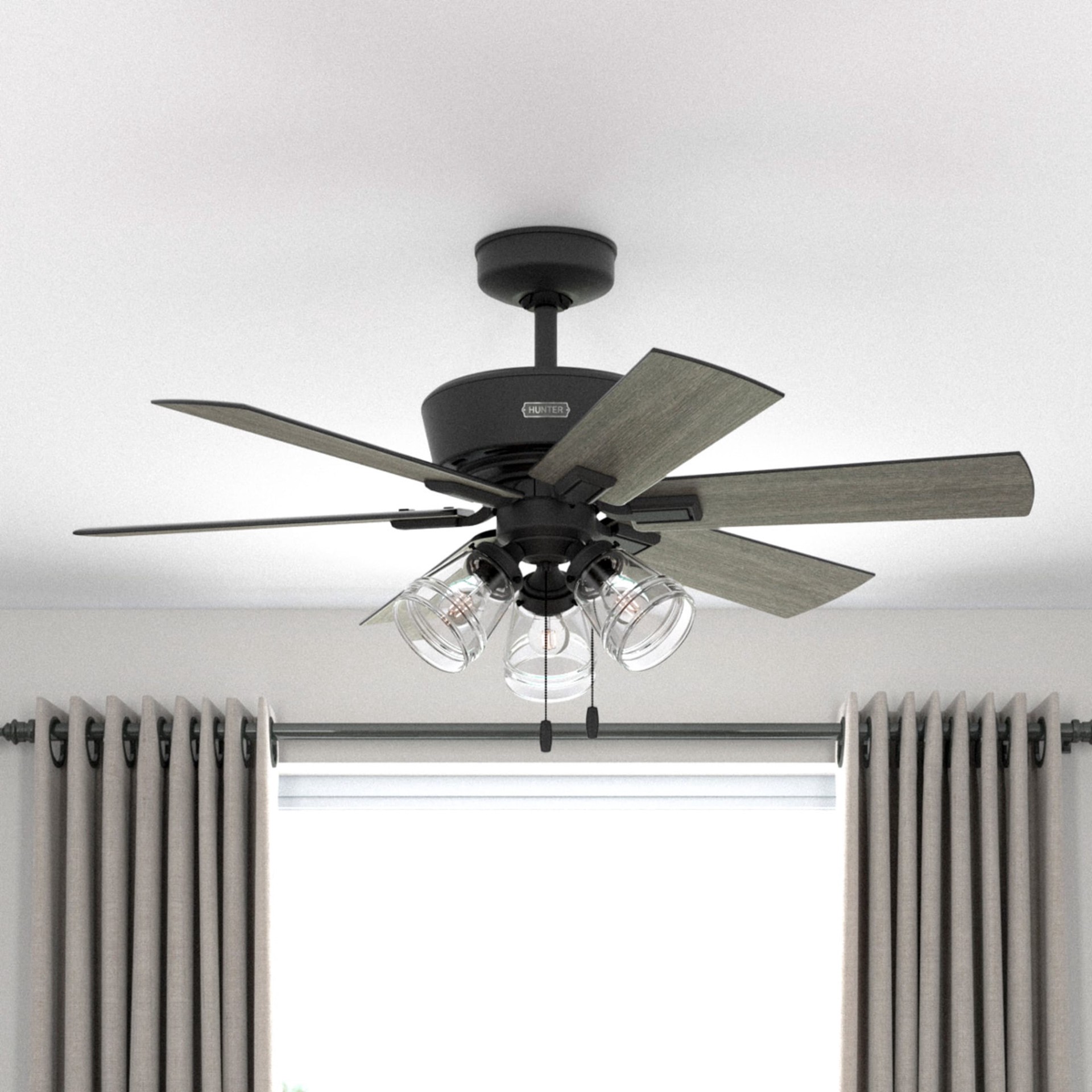 slide 1 of 6, Hunter Pickens 44-in Matte Black with Dark Gray Oak/Matte Black Blades Ceiling Fan With Light 6 -Blade, 1 ct