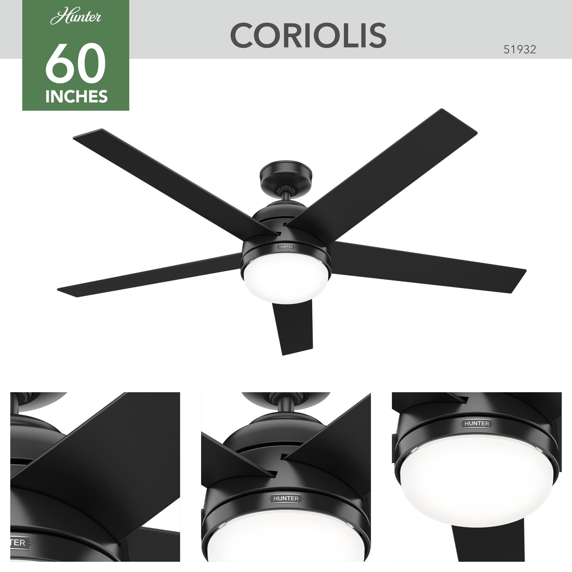 slide 6 of 6, Hunter Coriolis 60-in Matte Black with Matte Black Blades Smart Ceiling Fan With Light 5 -Blade, 1 ct