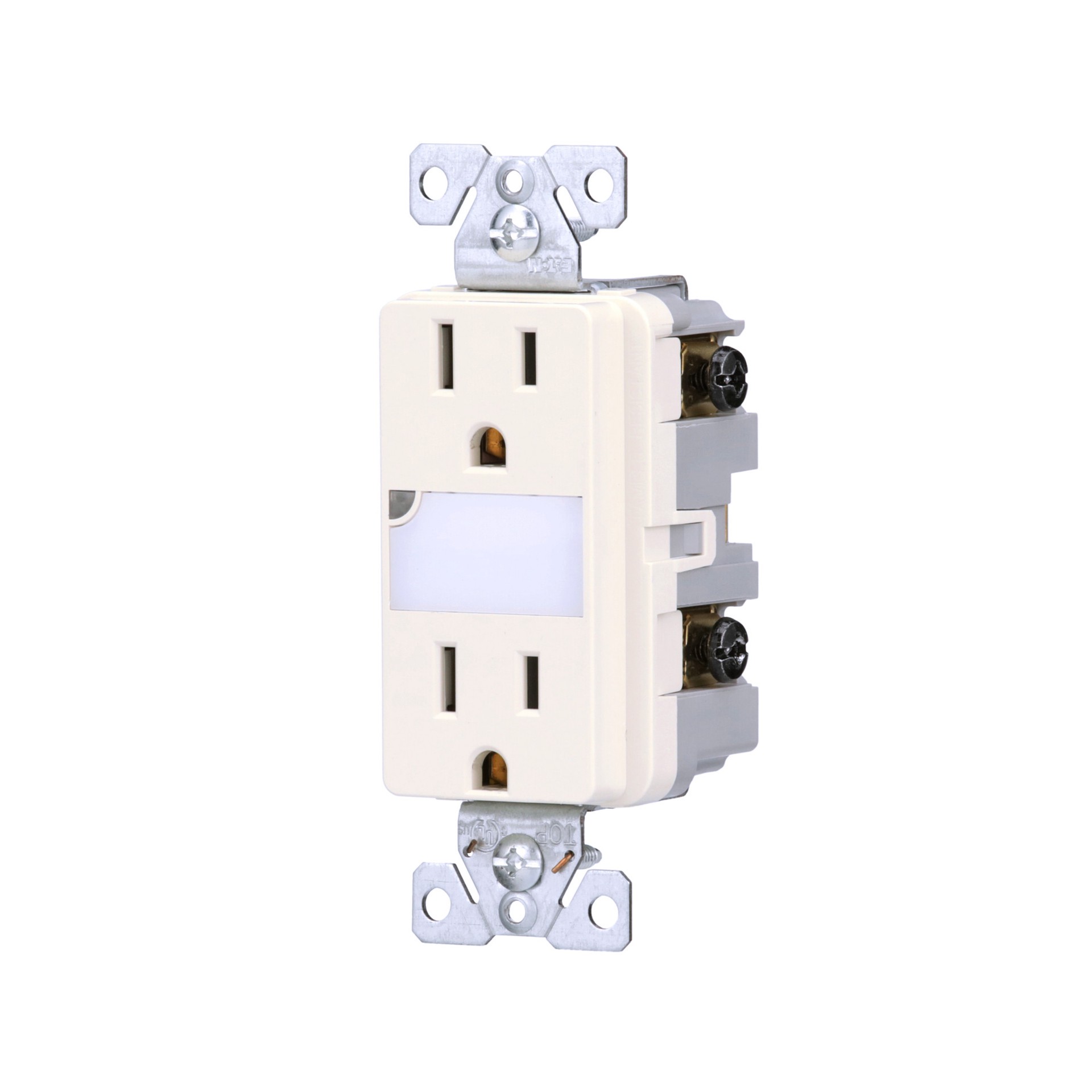 slide 2 of 6, Eaton 15 -Amp 125-volt Tamper Resistant Residential Decorator Outlet with night light , Light Almond, 1 ct