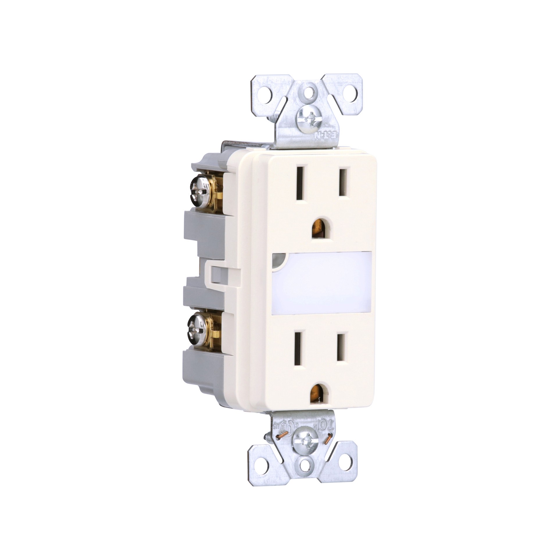 slide 6 of 6, Eaton 15 -Amp 125-volt Tamper Resistant Residential Decorator Outlet with night light , Light Almond, 1 ct