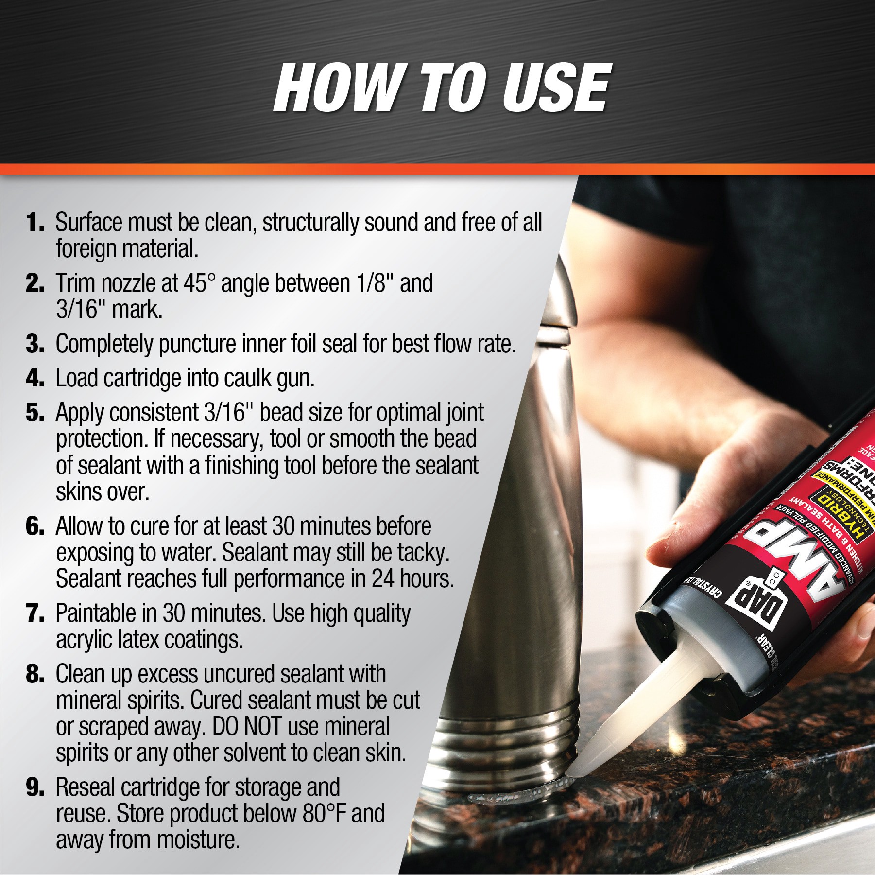 slide 4 of 6, DAP AMP 9-oz Kitchen and Bath Crystal Clear Paintable Advanced Sealant Caulk, 1 ct
