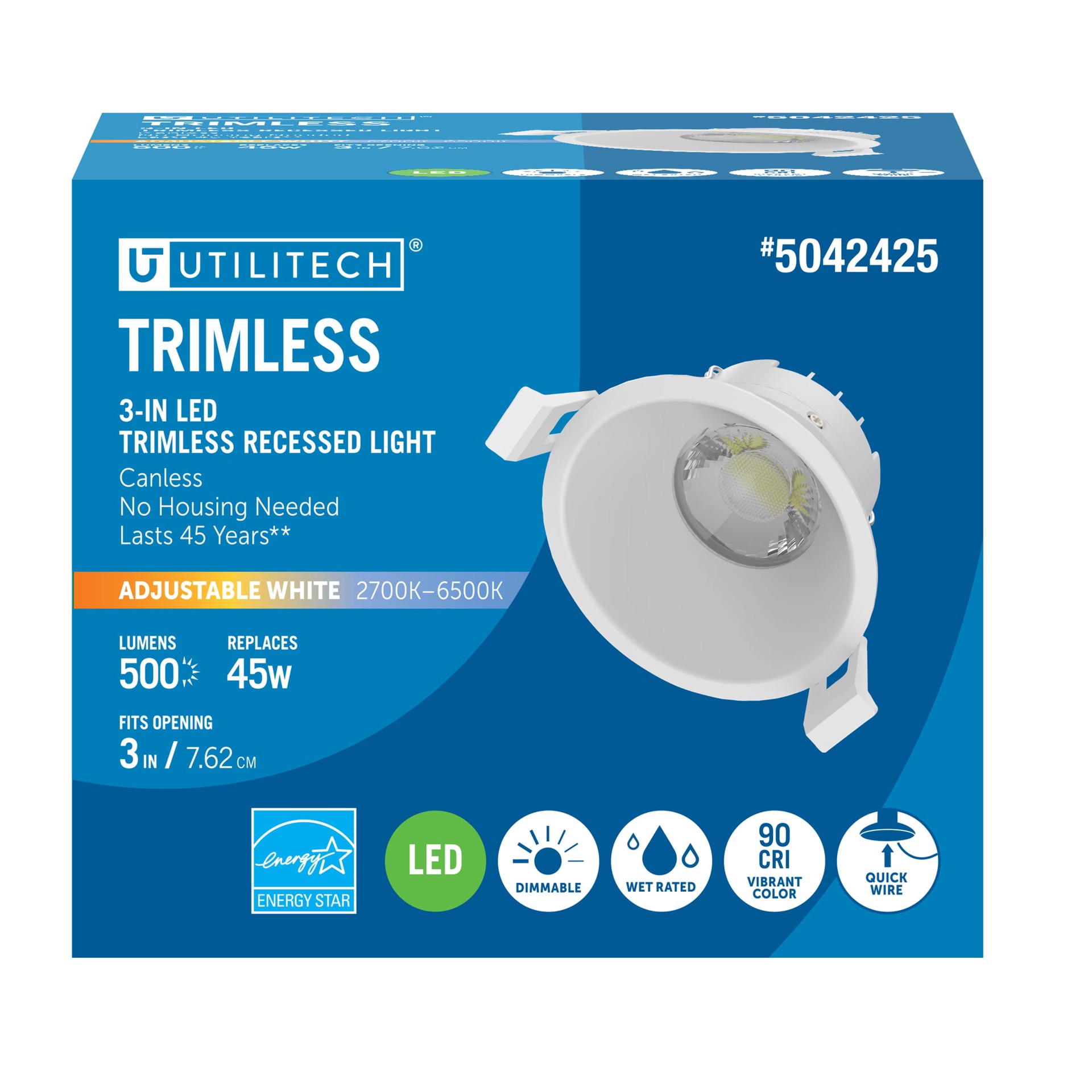 slide 1 of 6, Utilitech Tethered Retrofit White 3-in 500 -Lumens Switchable white Round Dimmable LED Canless Wet rated Recessed Downlight, 1 ct