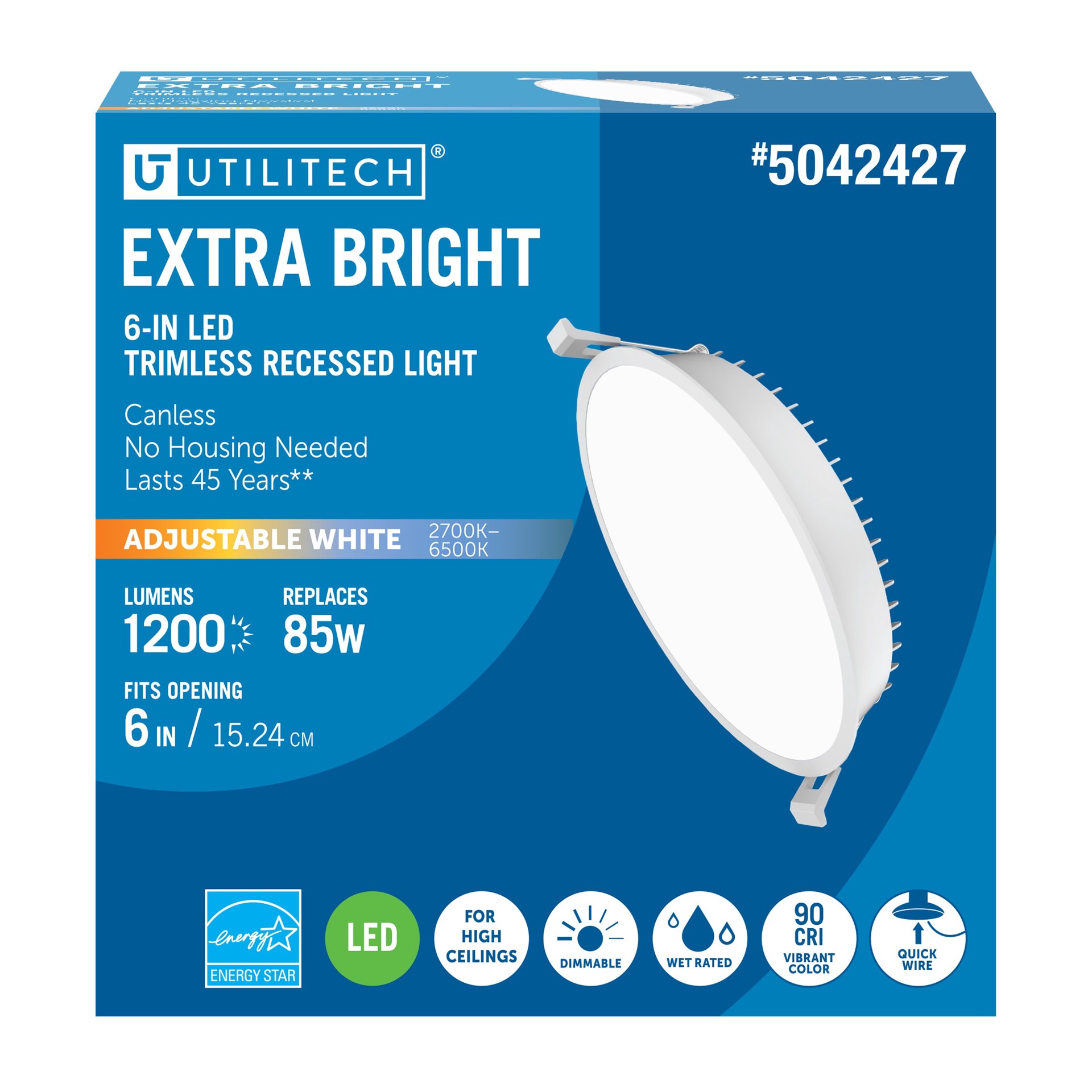 slide 1 of 6, Utilitech Canless Trimless Recessed Downlight White 6-in 1200 -Lumens Switchable white Round Dimmable LED Canless Wet rated Recessed Downlight, 1 ct