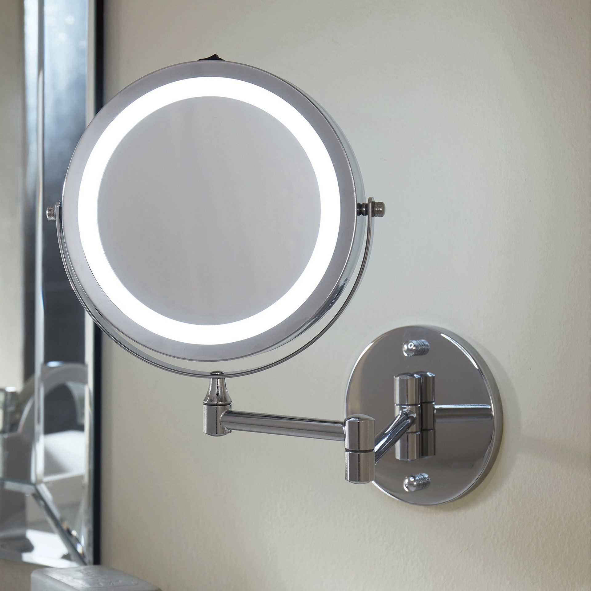 slide 5 of 6, allen + roth 4.75-in x 11.5-in Polished Chrome Double-Sided 5x Magnifying Wall-mounted vanity mirror with Light, 1 ct