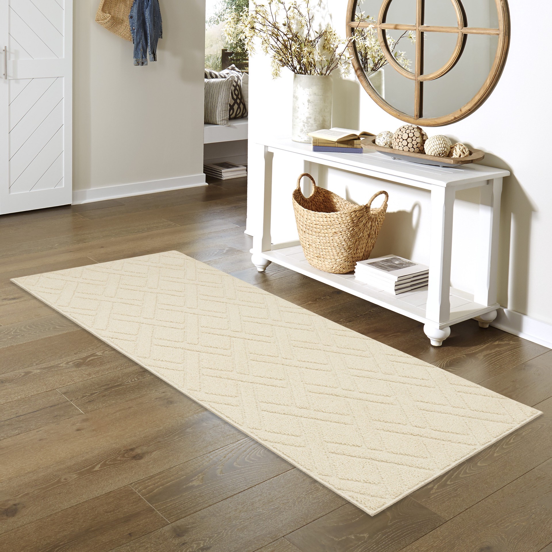 slide 1 of 6, Style Selections 3 x 8 (ft) Tufted Polyester Ivory Rectangular Indoor Trellis Runner rug, 1 ct