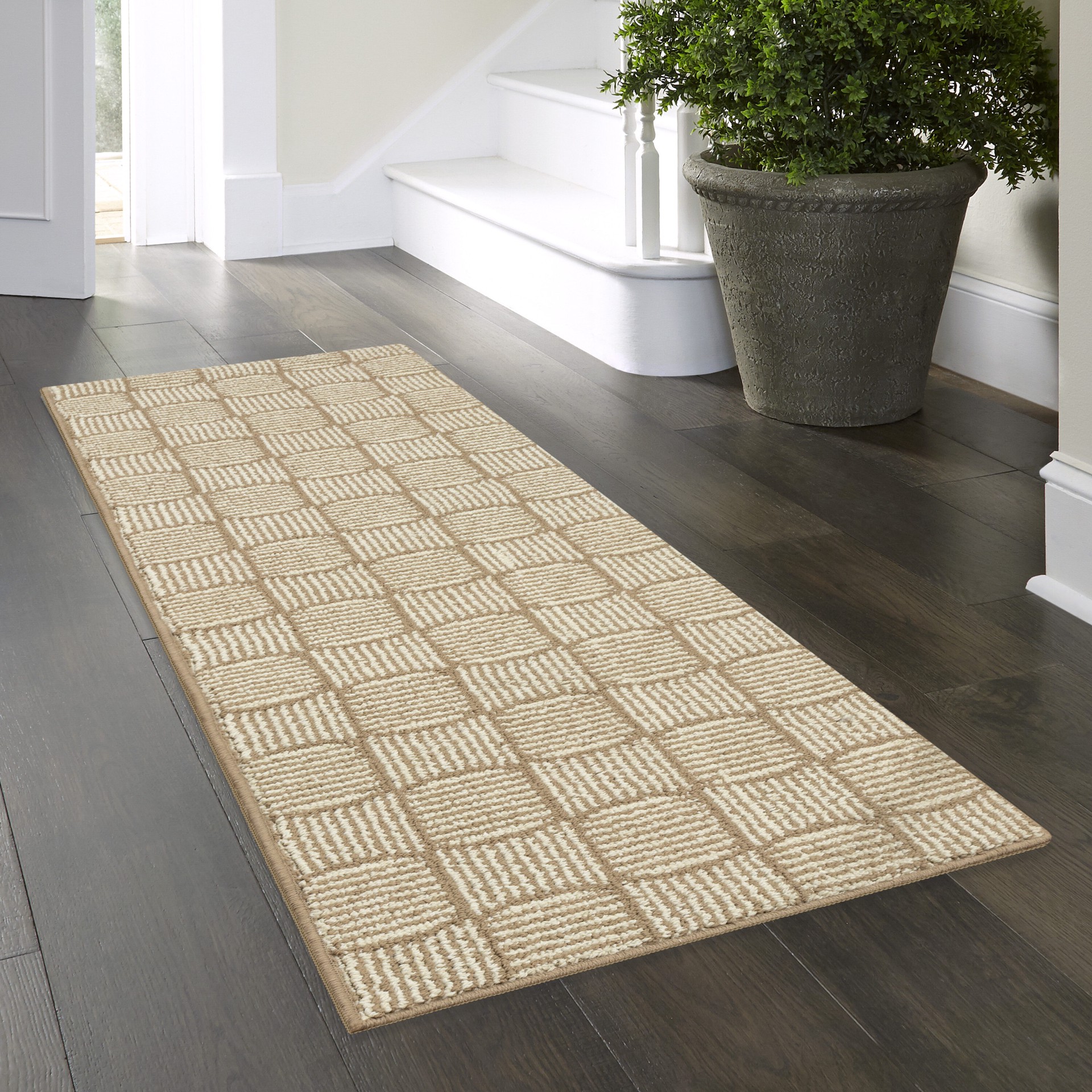 slide 1 of 6, Style Selections 2 x 6 (ft) Tufted Polyester Brown Rectangular Indoor Geometric Machine washable Runner rug, 1 ct