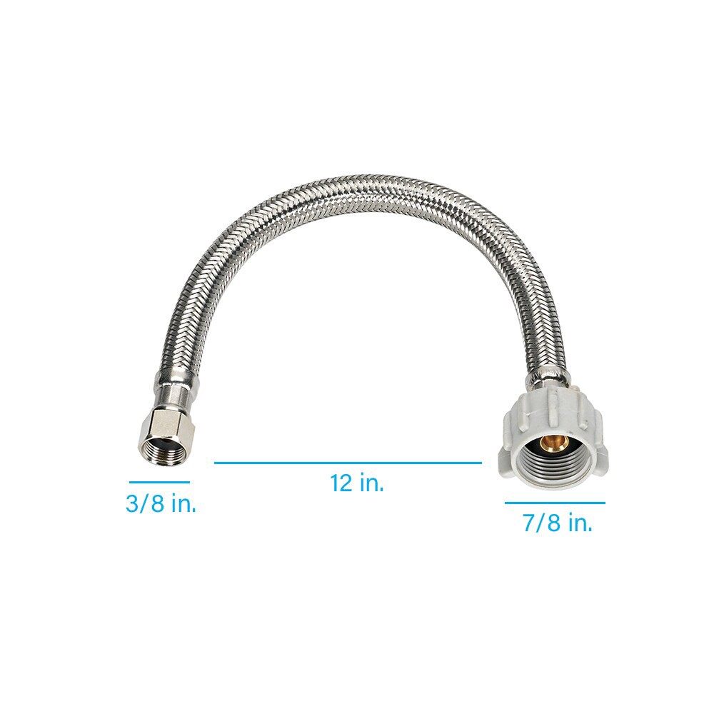 slide 2 of 6, RELIABILT 3/8-in flare x 7/8-in FIP x 12-in Braided stainless steel Flexible Toilet Supply Line, 1 ct