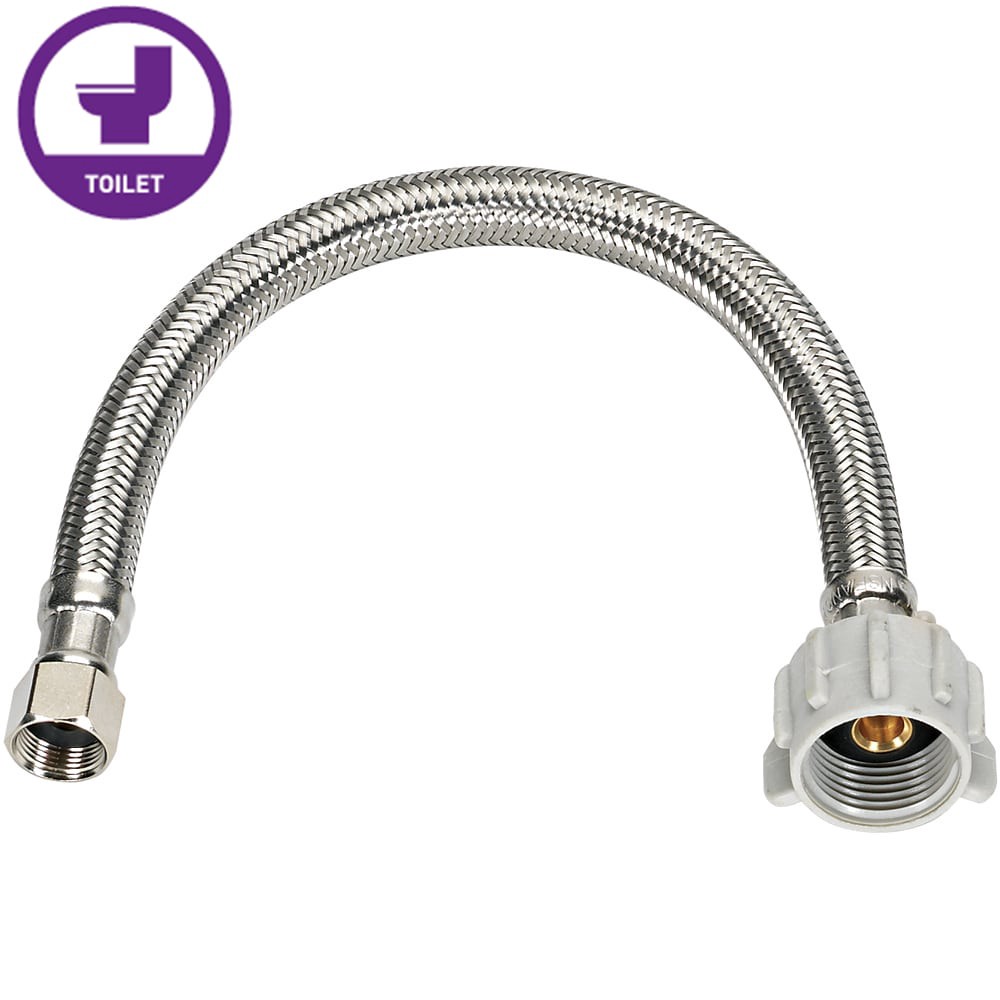 slide 1 of 6, RELIABILT 3/8-in flare x 7/8-in FIP x 12-in Braided stainless steel Flexible Toilet Supply Line, 1 ct