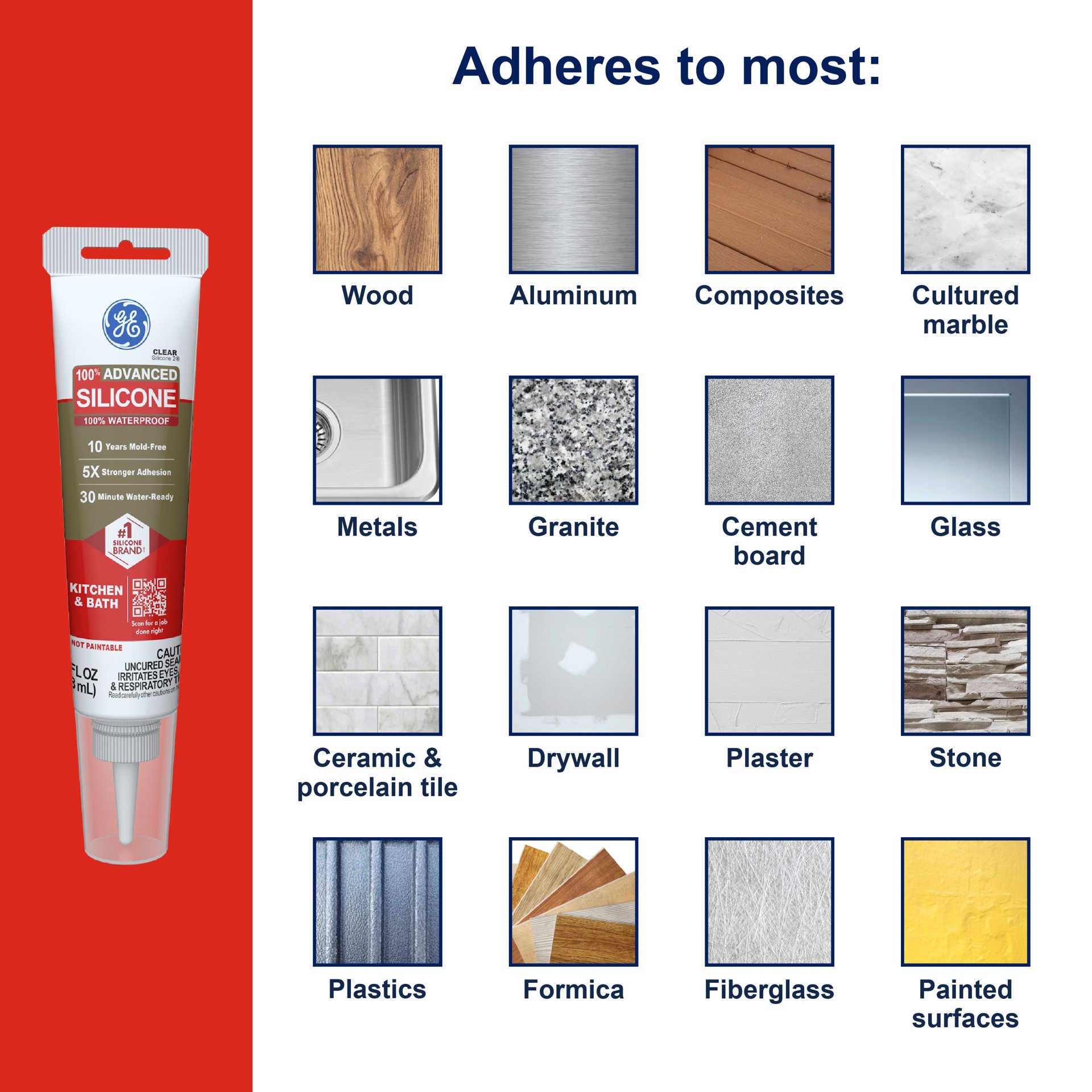 slide 4 of 6, GE Advanced Silicone 2 Kitchen and Bath, Tub and Tile 2.8-oz Kitchen and Bath Clear Silicone Caulk, 1 ct