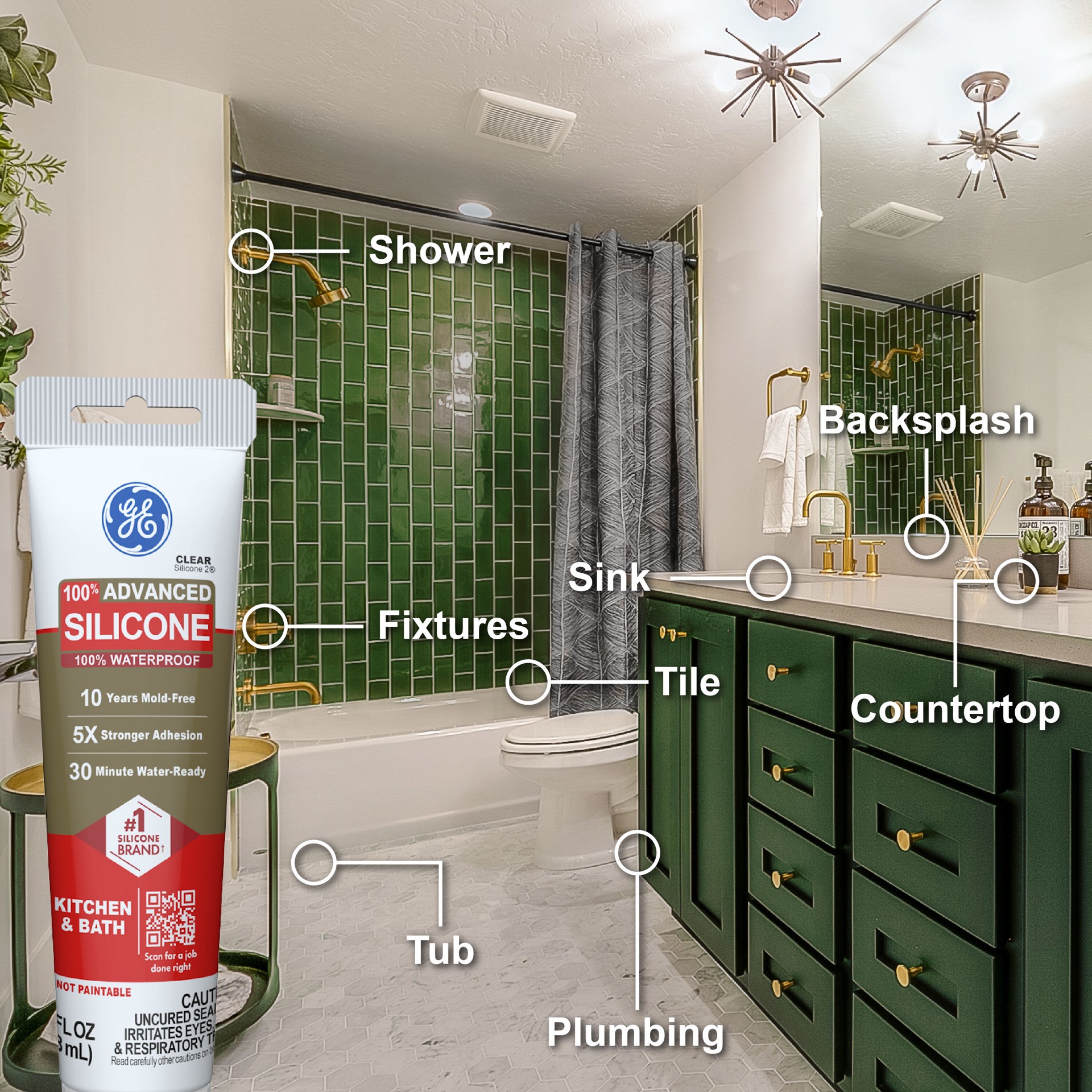 slide 5 of 6, GE Advanced Silicone 2 Kitchen and Bath, Tub and Tile 2.8-oz Kitchen and Bath Clear Silicone Caulk, 1 ct