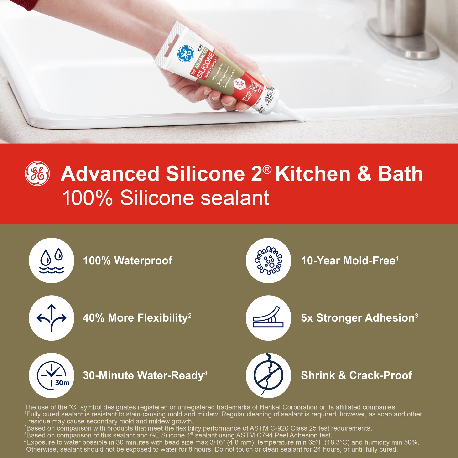 slide 3 of 6, GE Advanced Silicone 2 Kitchen and Bath, Tub and Tile 2.8-oz Kitchen and Bath Clear Silicone Caulk, 1 ct