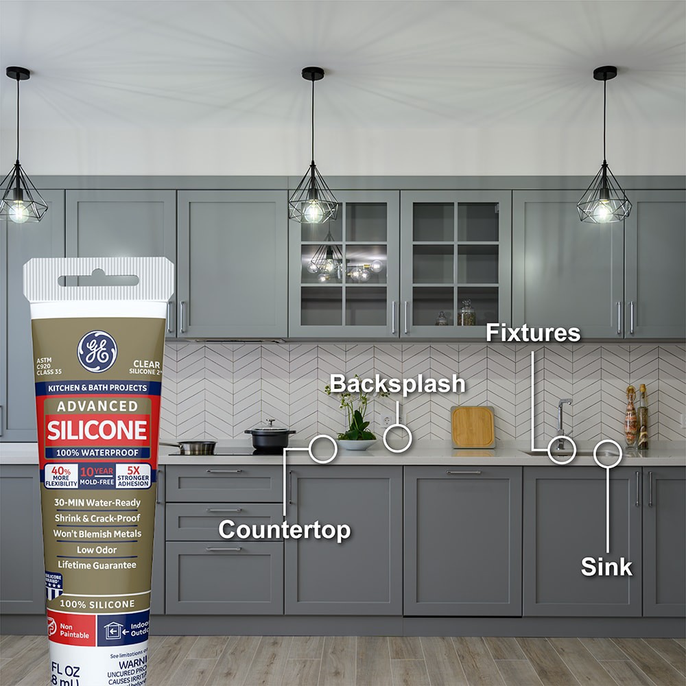 slide 3 of 6, GE Advanced Silicone 2 Kitchen and Bath, Tub and Tile 2.8-oz Kitchen and Bath White Silicone Caulk, 1 ct