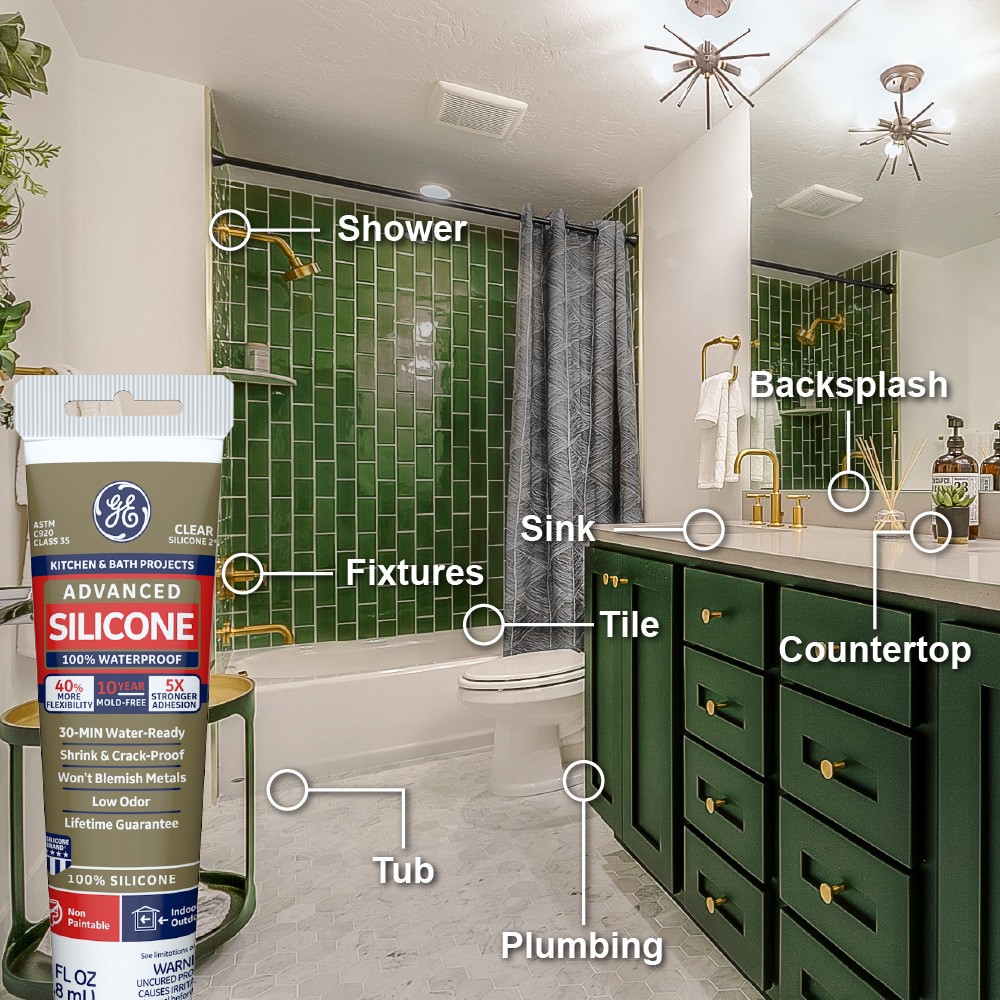 slide 4 of 6, GE Advanced Silicone 2 Kitchen and Bath, Tub and Tile 2.8-oz Kitchen and Bath White Silicone Caulk, 1 ct