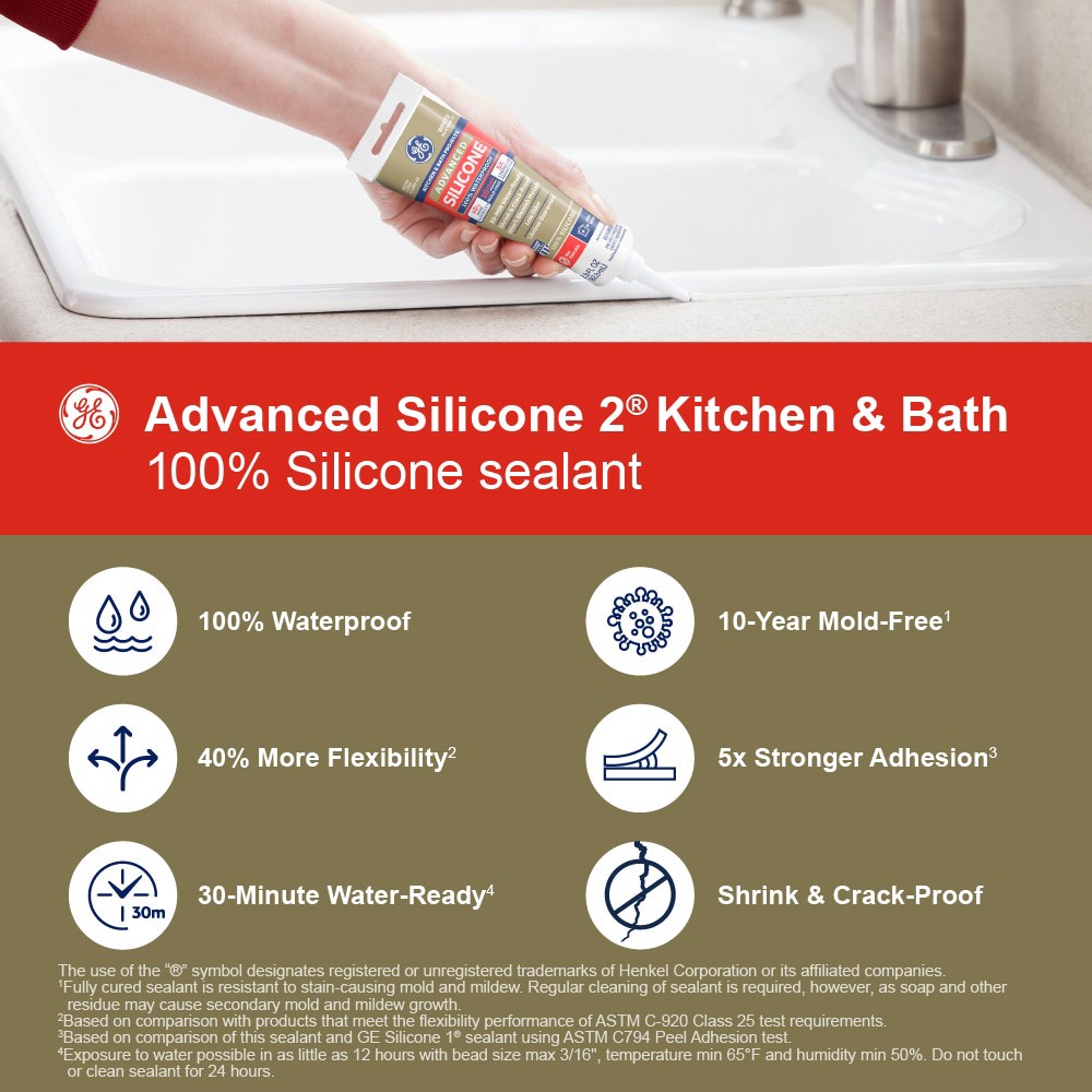 slide 5 of 6, GE Advanced Silicone 2 Kitchen and Bath, Tub and Tile 2.8-oz Kitchen and Bath White Silicone Caulk, 1 ct