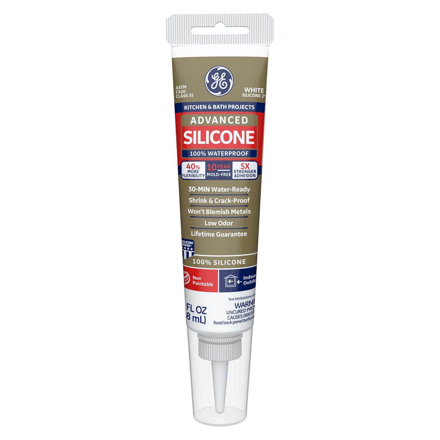 slide 1 of 6, GE Advanced Silicone 2 Kitchen and Bath, Tub and Tile 2.8-oz Kitchen and Bath White Silicone Caulk, 1 ct