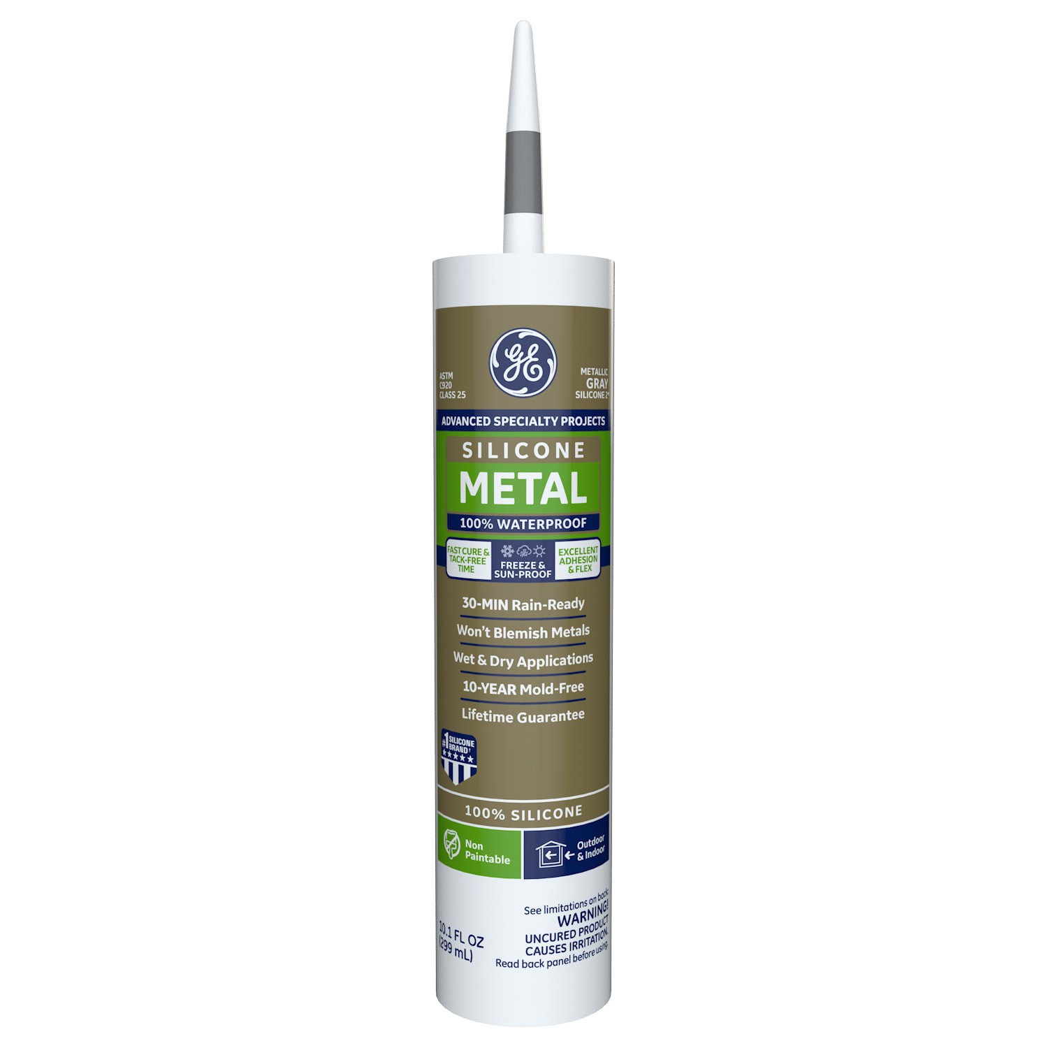 slide 1 of 6, GE Advanced Silicone 2 Specialty Metal 10.1-oz Exterior and Specialty Metallic Gray Silicone Caulk, 1 ct