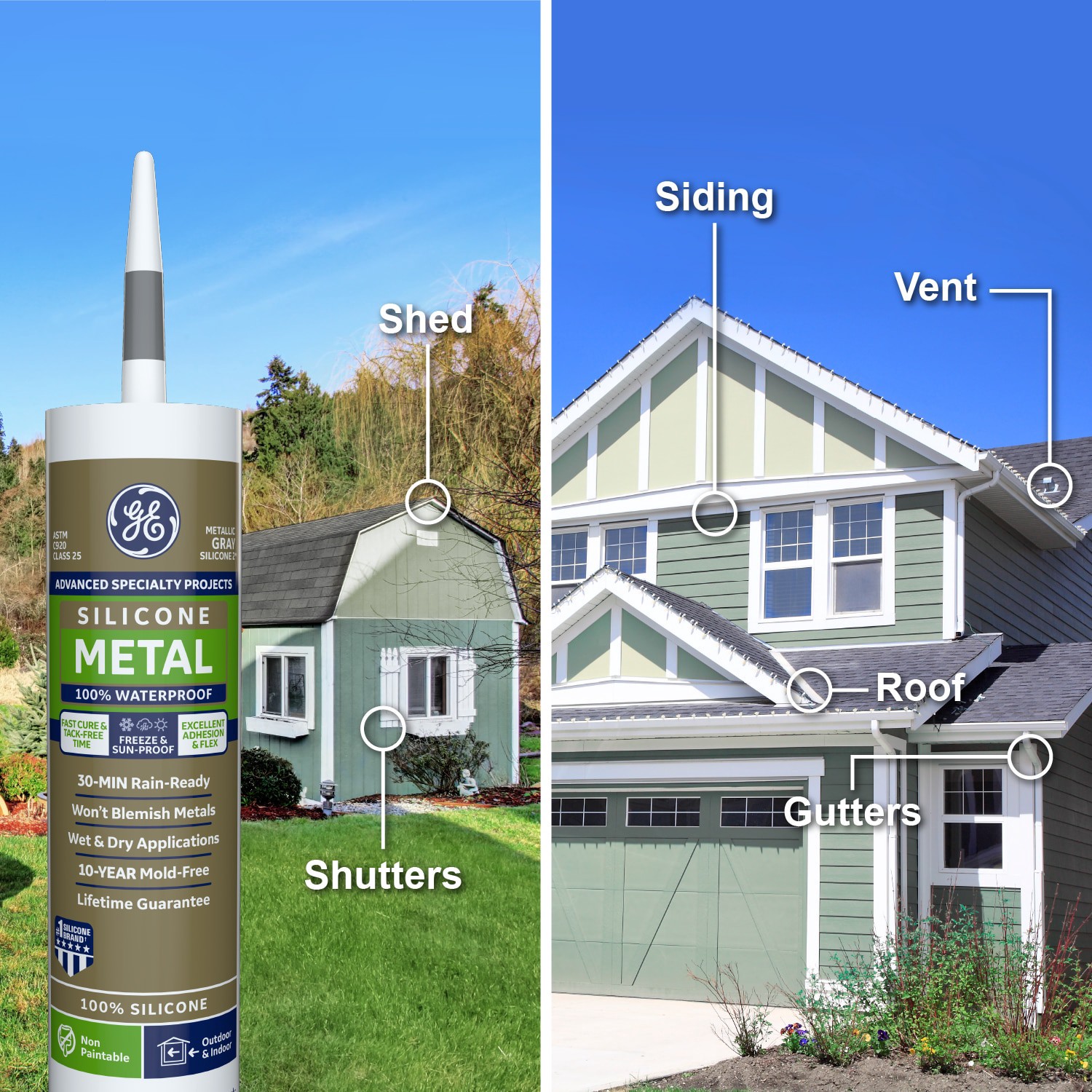 slide 2 of 6, GE Advanced Silicone 2 Specialty Metal 10.1-oz Exterior and Specialty Metallic Gray Silicone Caulk, 1 ct